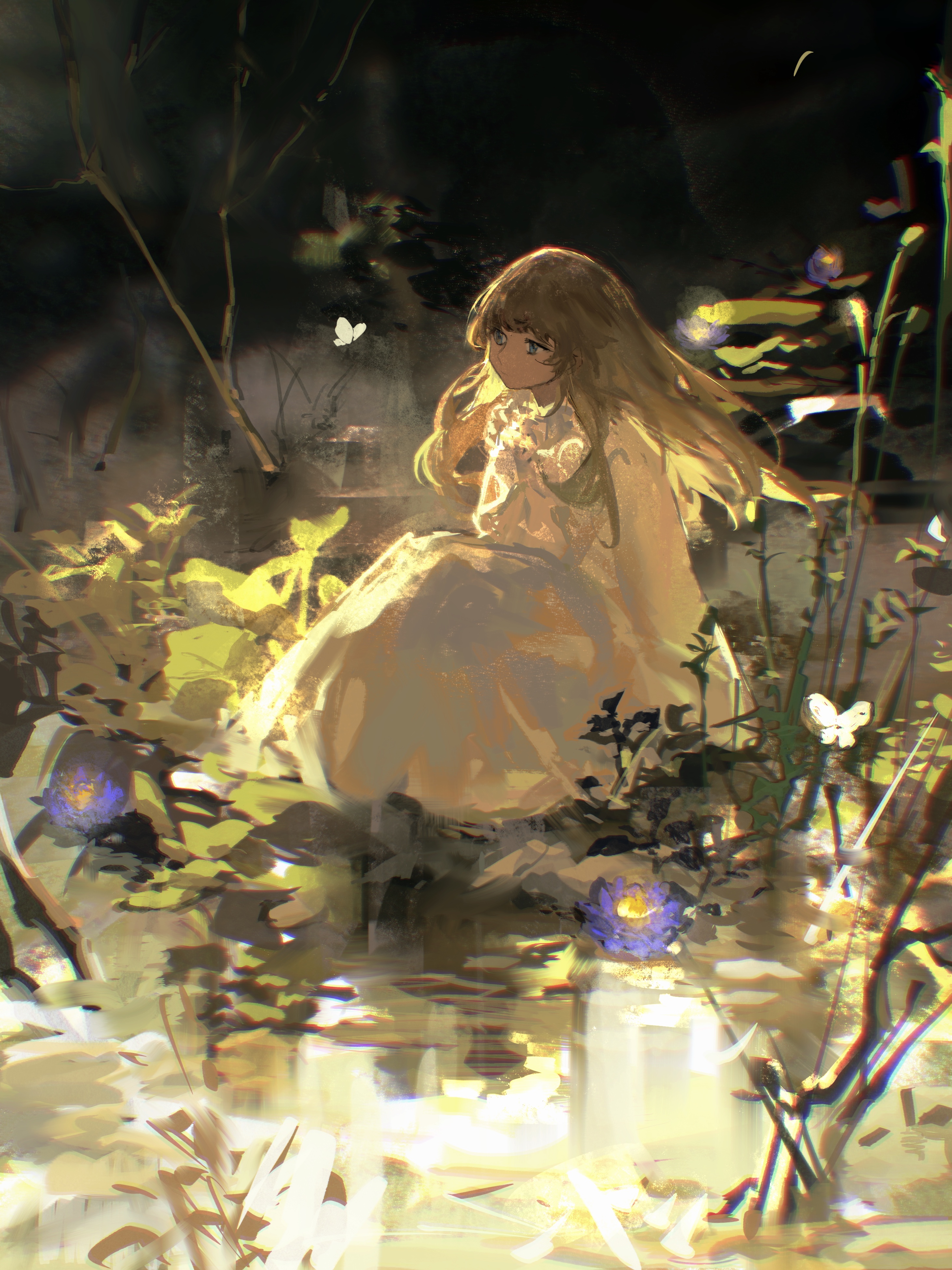 Anime 2925x3900 Lobelia anime girls anime portrait display chromatic aberration dress looking away long hair white dress blue eyes brunette butterfly flowers water pond water lilies leaves grass original characters outdoors women outdoors insect