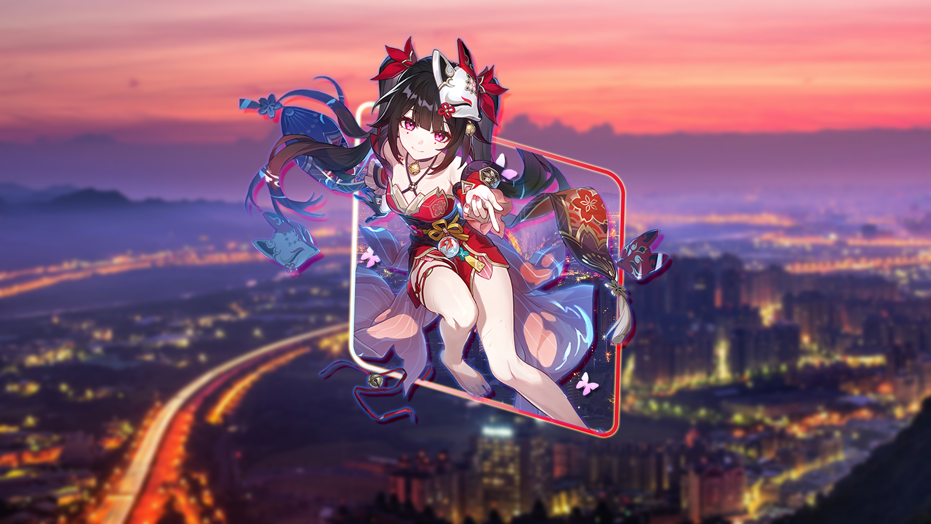 Anime 1920x1080 Honkai: Star Rail city lights Sparkle (Honkai: Star Rail) picture-in-picture urban anime girls long hair video game characters city video game girls smiling closed mouth fox mask arms reaching purple eyes sparkles collarbone bare shoulders butterfly barefoot looking at viewer