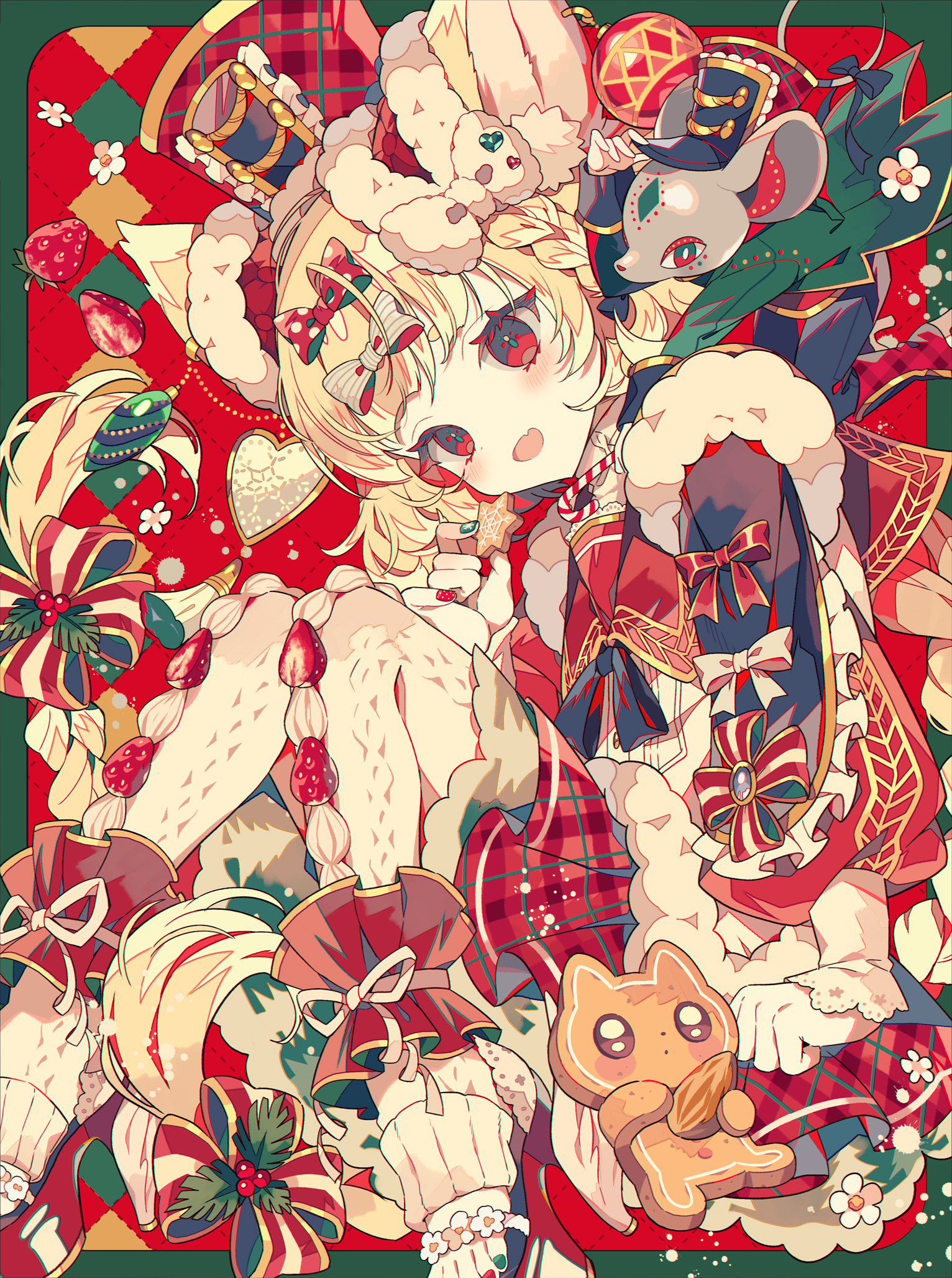 Anime 1532x2055 anime anime girls Yumenouchi blushing open mouth red eyes blonde hair ribbon braids bent legs looking at viewer animals portrait display mice hat fruit frills hair ornament bow tie painted nails Christmas painted toenails fur strawberries gingerbread Christmas ornaments  fox girl fox ears fox tail
