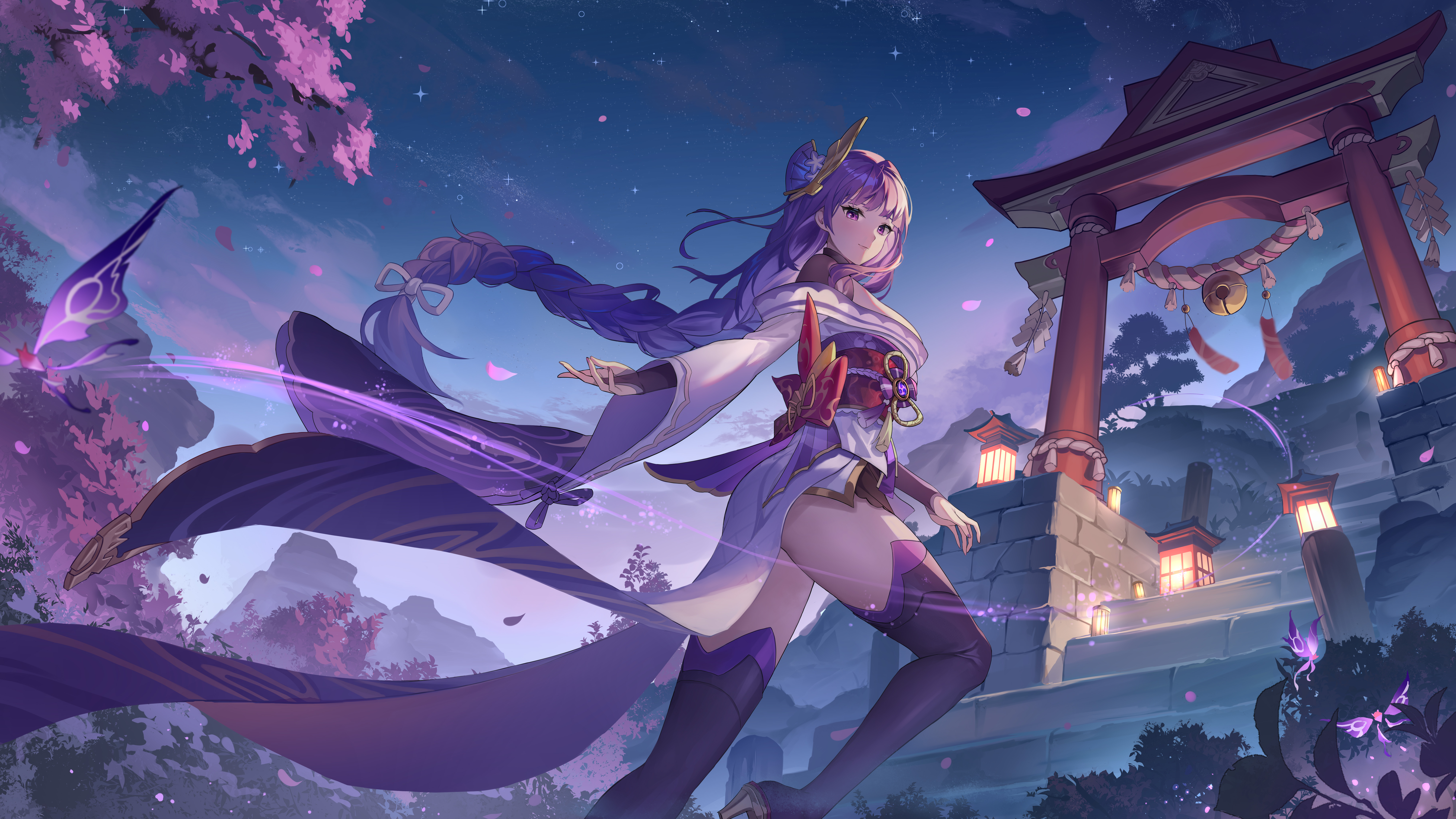 Anime 8000x4500 anime anime girls Raiden Shogun (Genshin Impact) Genshin Impact torii cherry blossom sky Xiaoguolidun petals thighs looking at viewer looking back long hair purple hair purple eyes leaves braids stairs outdoors women outdoors closed mouth smiling heels off shoulder kimono bells night starred sky starry night butterfly insect bug