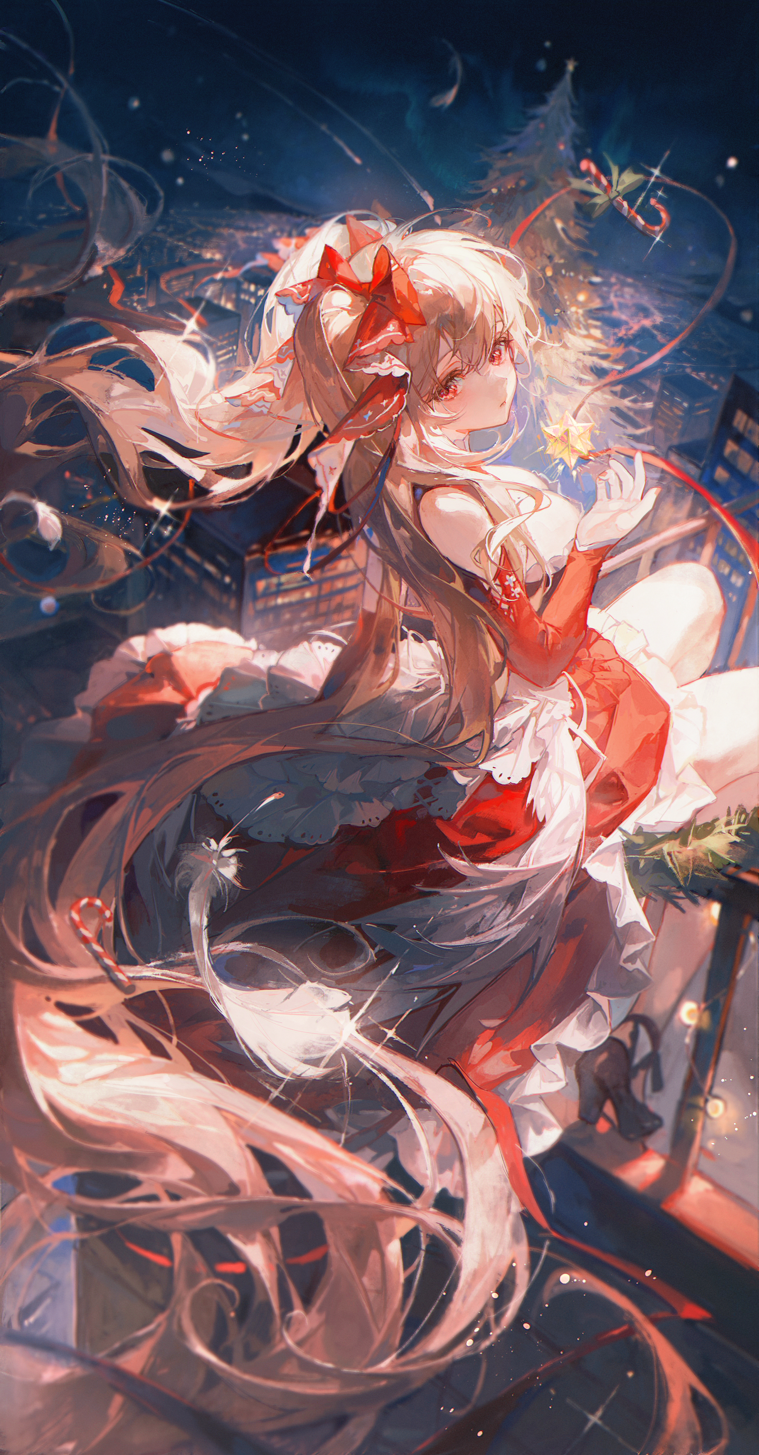 Anime 2444x4686 Azur Lane looking back Formidable (Azur Lane) Christmas night sky Christmas lights dress Christmas tree red dress portrait display red eyes high angle long sleeves looking at viewer sitting Maccha closed mouth building red ribbon feathers sparkles railing white apron hair ribbon black heels long hair women outdoors anime girls