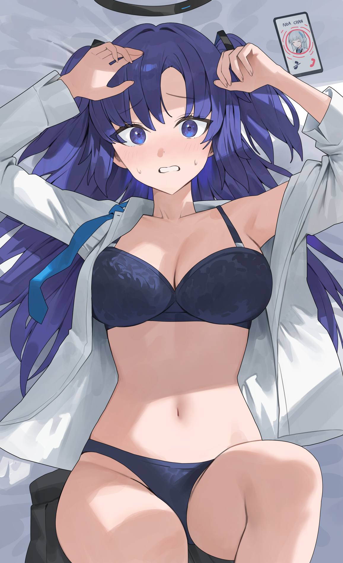 Anime 1157x1900 anime anime girls Hayase Yuuka Blue Archive Hood (James X) long hair lying down lying on back looking at viewer blushing portrait display underwear big boobs cleavage phone collarbone arms up one bare shoulder slim body sweatdrop blue eyes off shoulder dark blue hair tie Ushio Noa hair spread out open shirt open clothes