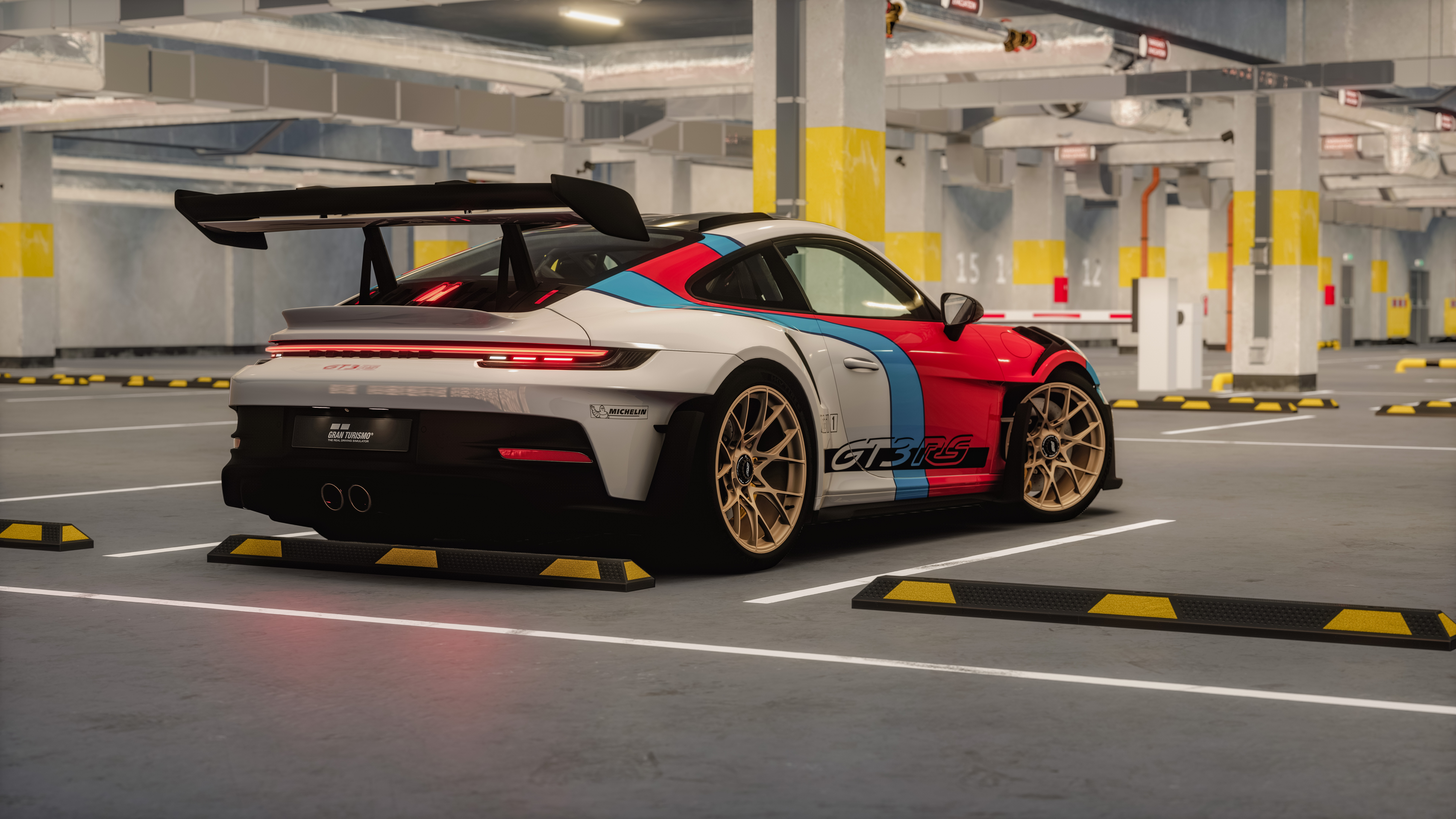 General 7680x4320 Porsche 911 gt3rs car Assetto Corsa PC gaming Gran Turismo garage interior car spoiler Michelin video games video game art screen shot rear view parking lot lights CGI taillights vehicle ceiling lights