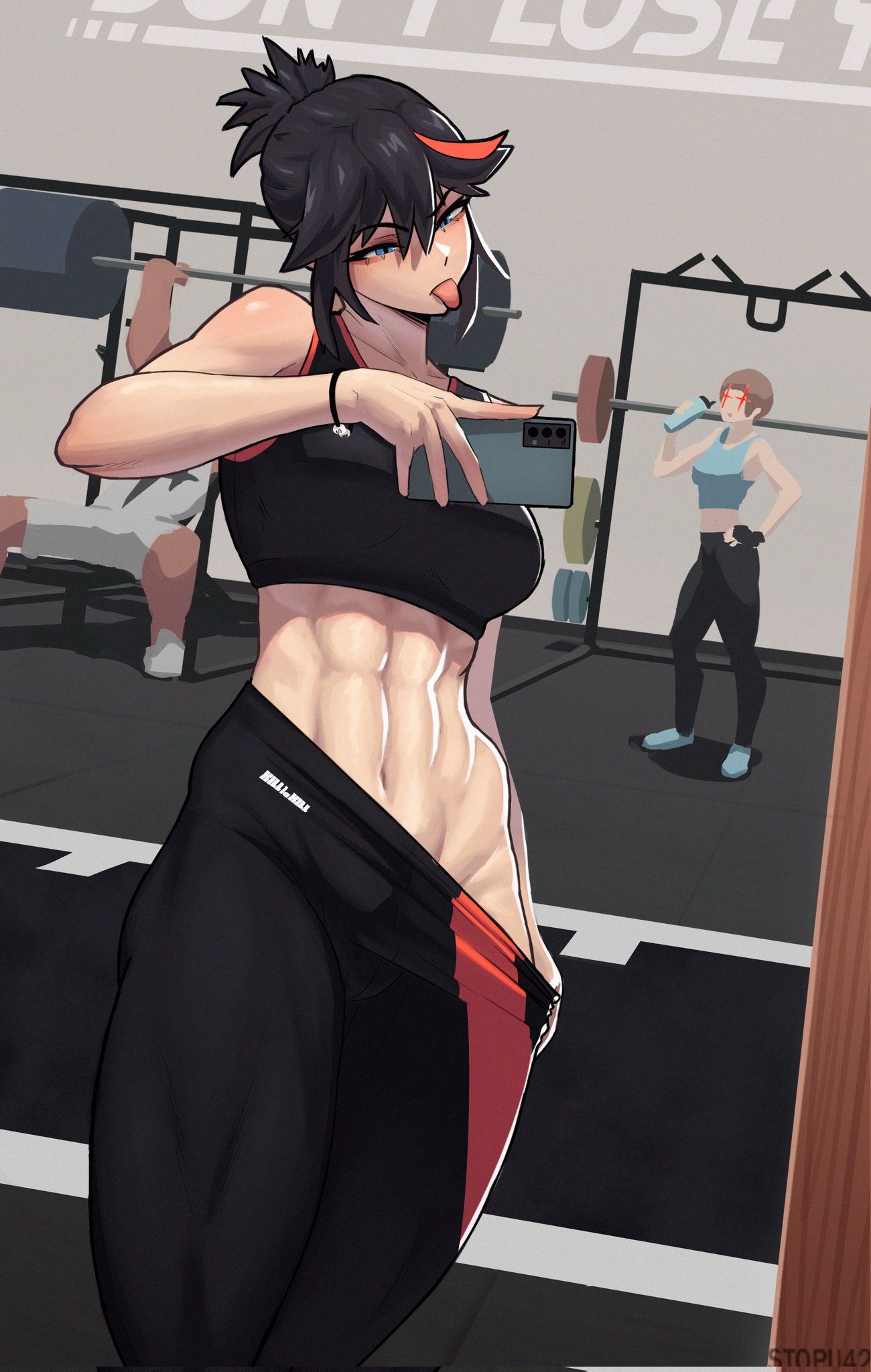 Anime 1300x2048 anime anime girls Kill la Kill Ira Gamagori portrait display phone selfies abs tongue out sports bra belly gym equipment Matoi Ryuuko