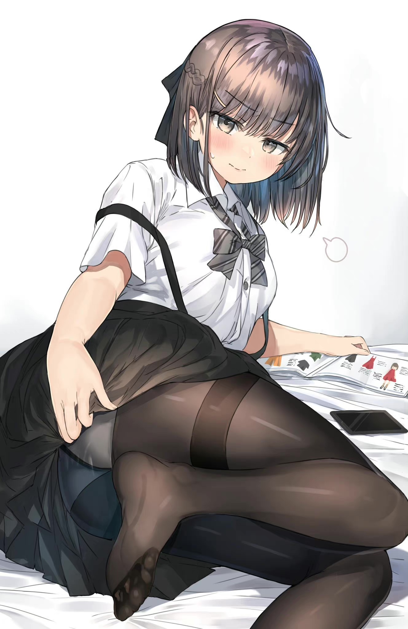 Anime 1328x2048 anime girls artwork upskirt lying on side schoolgirl school uniform pantyhose feet bow tie