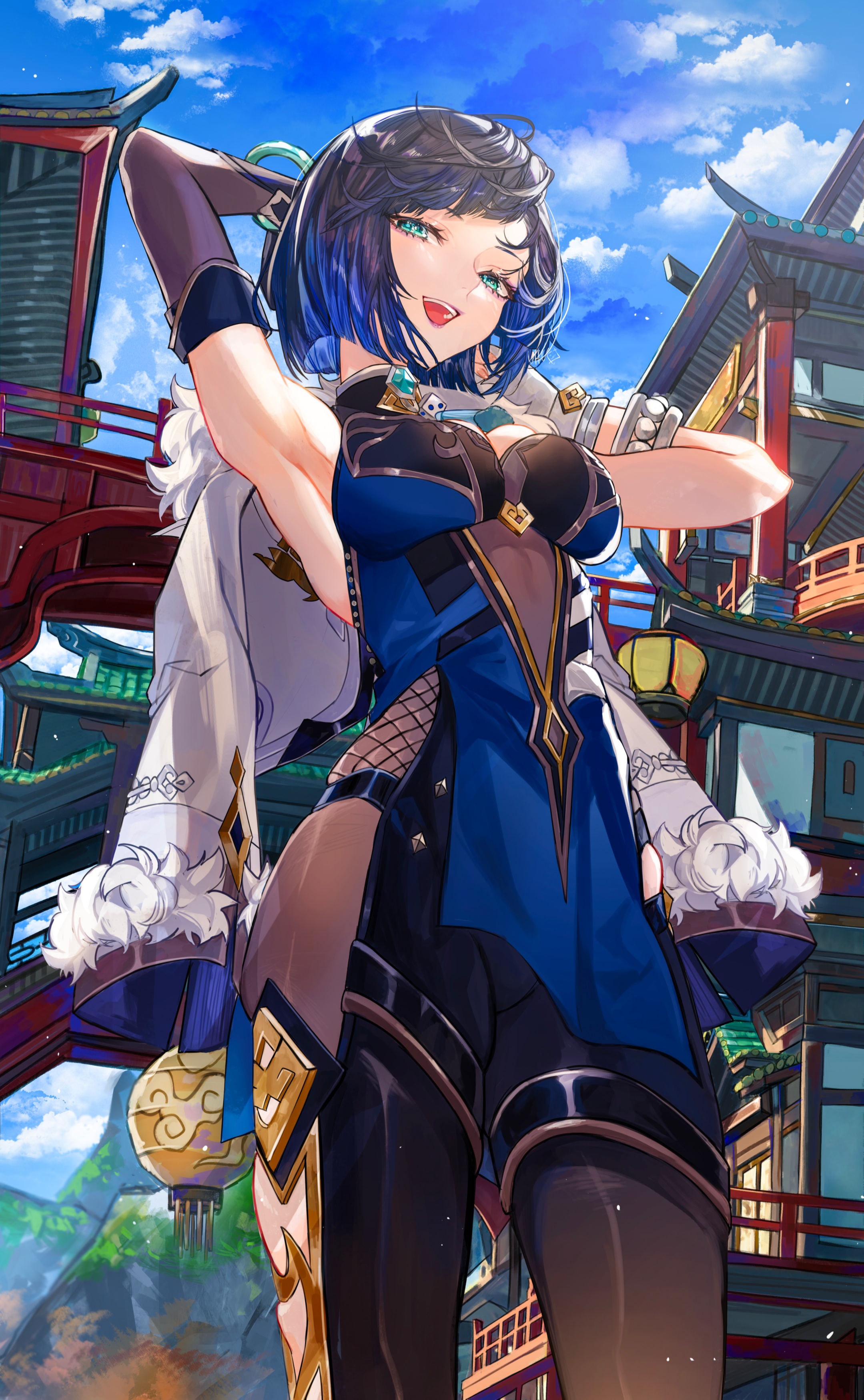 Anime 2159x3500 anime anime girls vertical Genshin Impact Yelan (Genshin Impact) armpits clouds building blue hair blue eyes