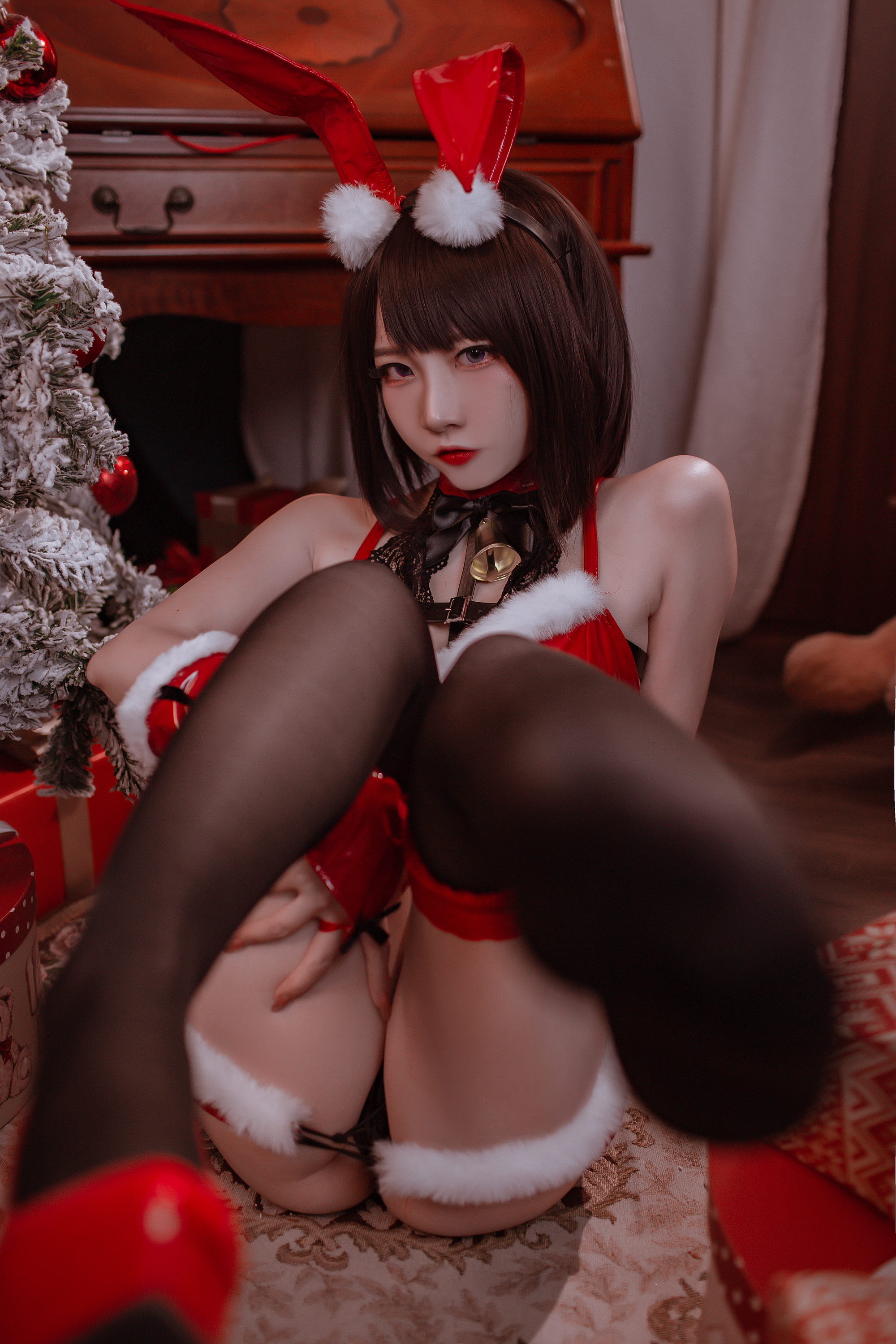 People 2000x3000 Erzuo Nisa women model Asian cosplay bunny girl Christmas clothes Christmas women indoors stockings ass