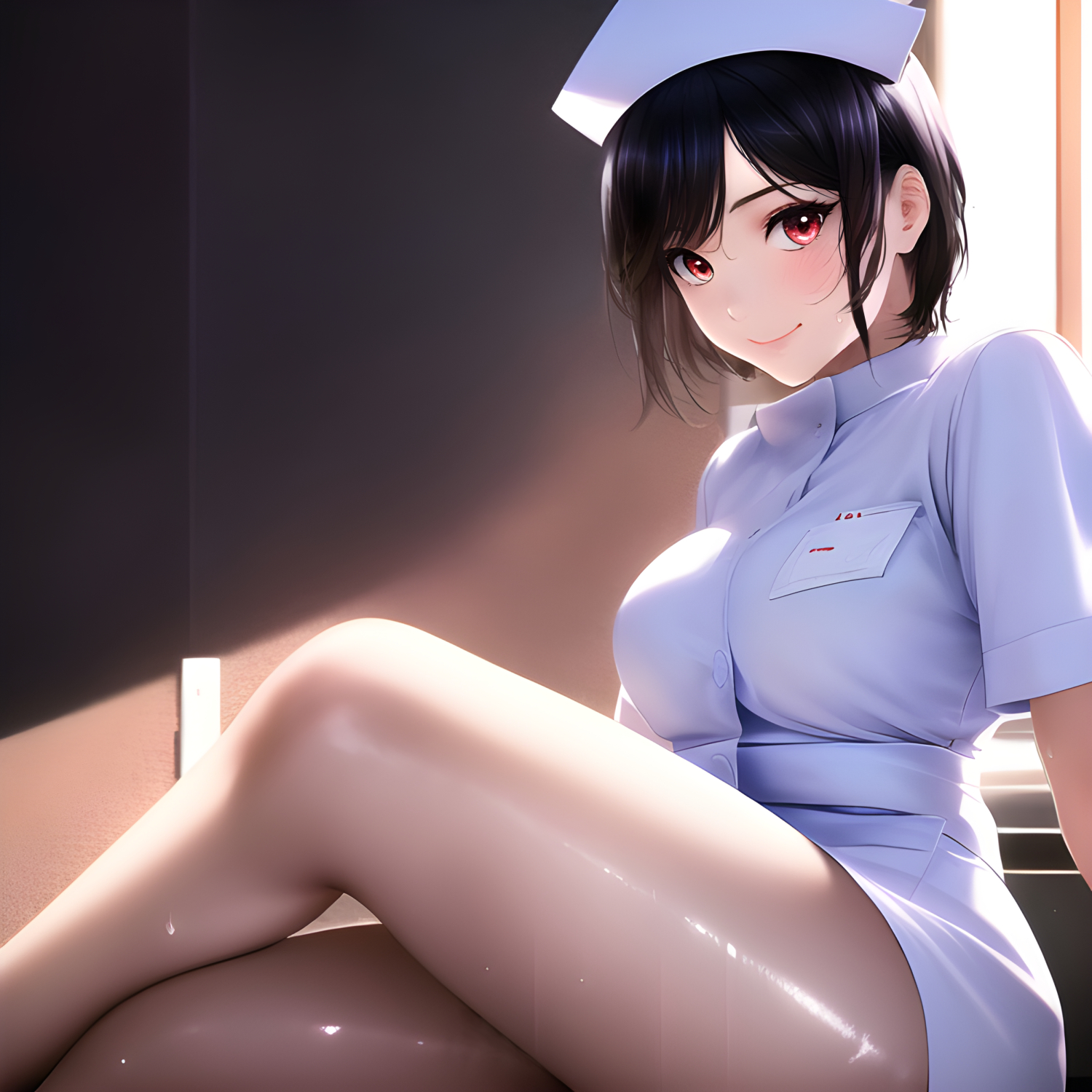 Anime 1500x1500 anime anime girls original characters nurse outfit artwork digital art nurses legs crossed smiling AI art