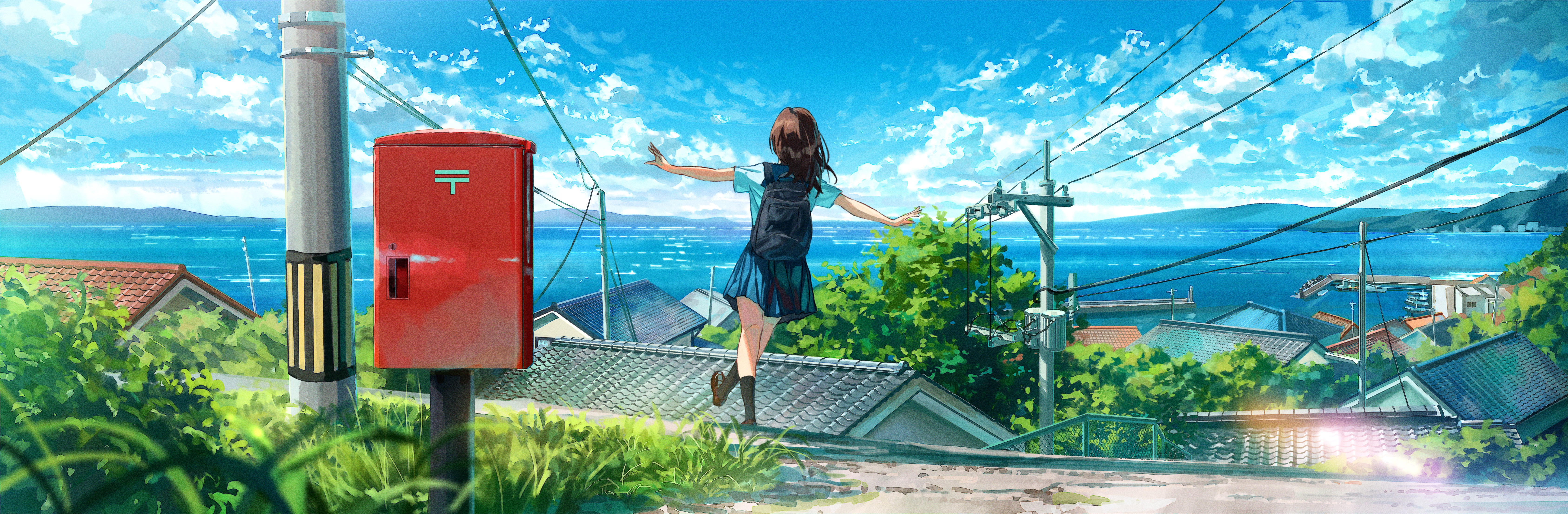 Anime 6741x2213 anime anime girls schoolgirl school uniform clouds water sky village wires grass