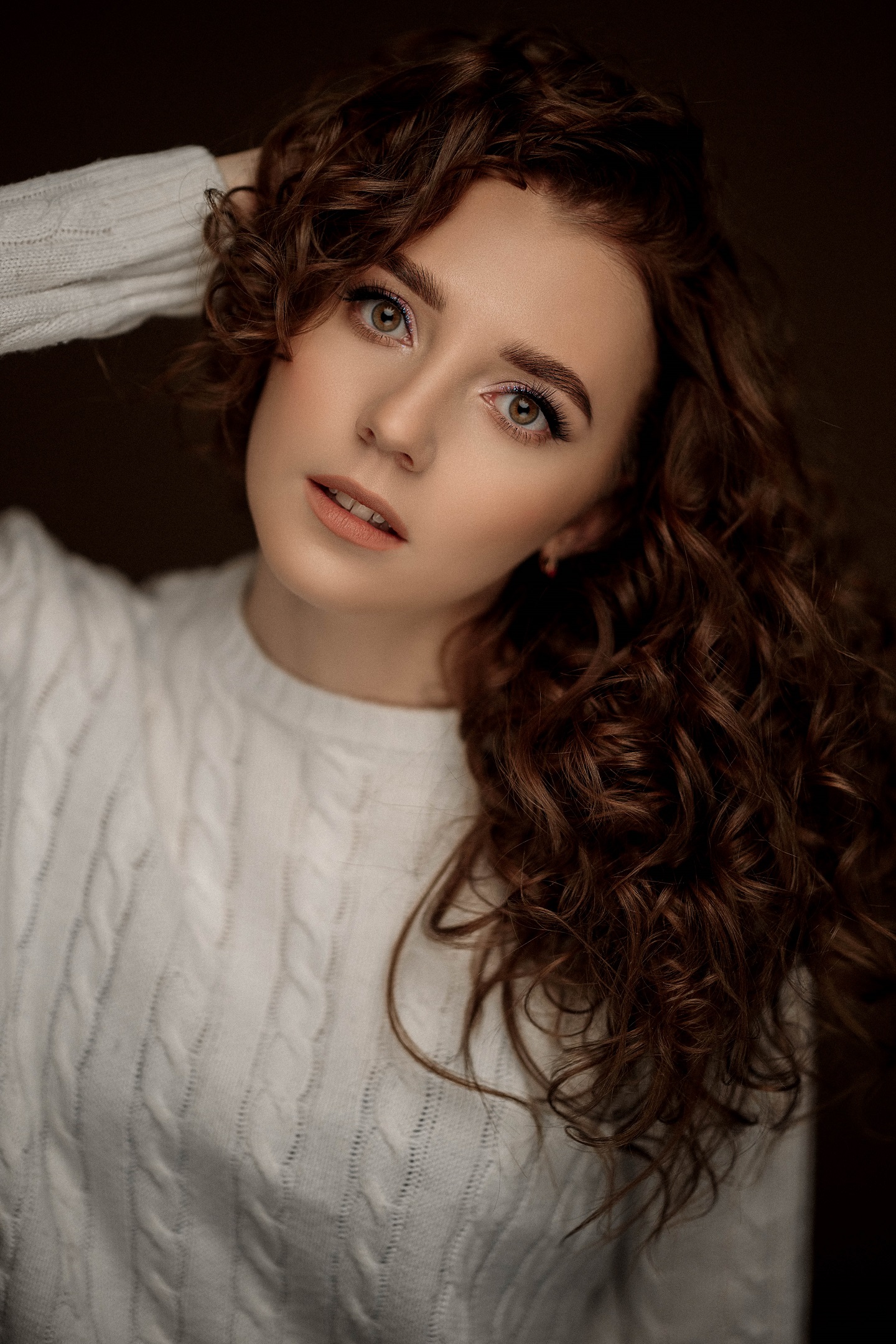 People 1440x2159 Vladimir Vasilev women brunette curly hair head tilt white clothing simple background portrait sweater white sweater brown eyes Tanya Shitova