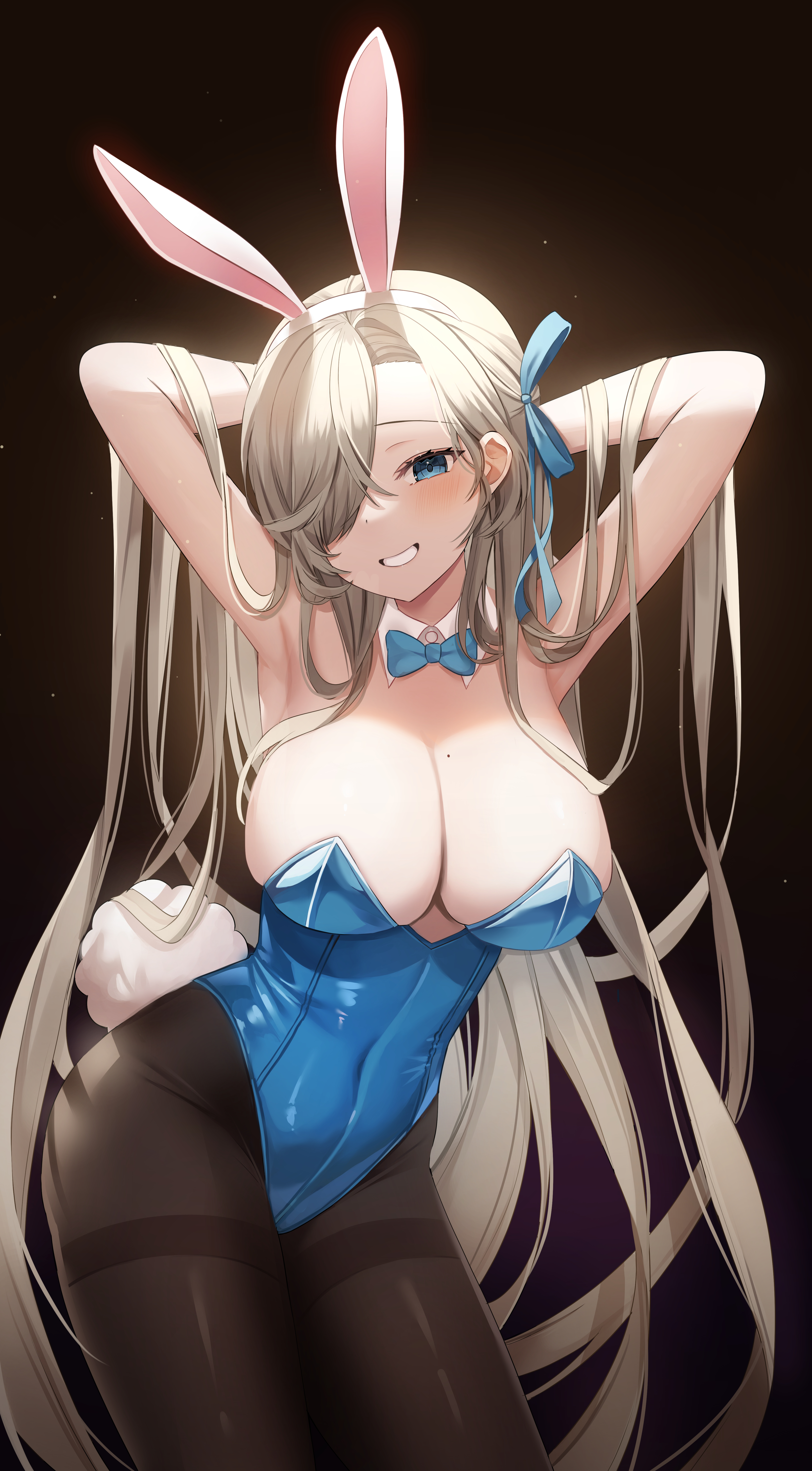 Anime 3702x6704 boobs anime big boobs arms up blonde smiling blushing blue eyes armpits moles cleavage bunny suit bunny ears long hair Asuna Ichinose anime girls hair over one eye bunny tail pantyhose portrait display blue leotard bunny girl Blue Archive