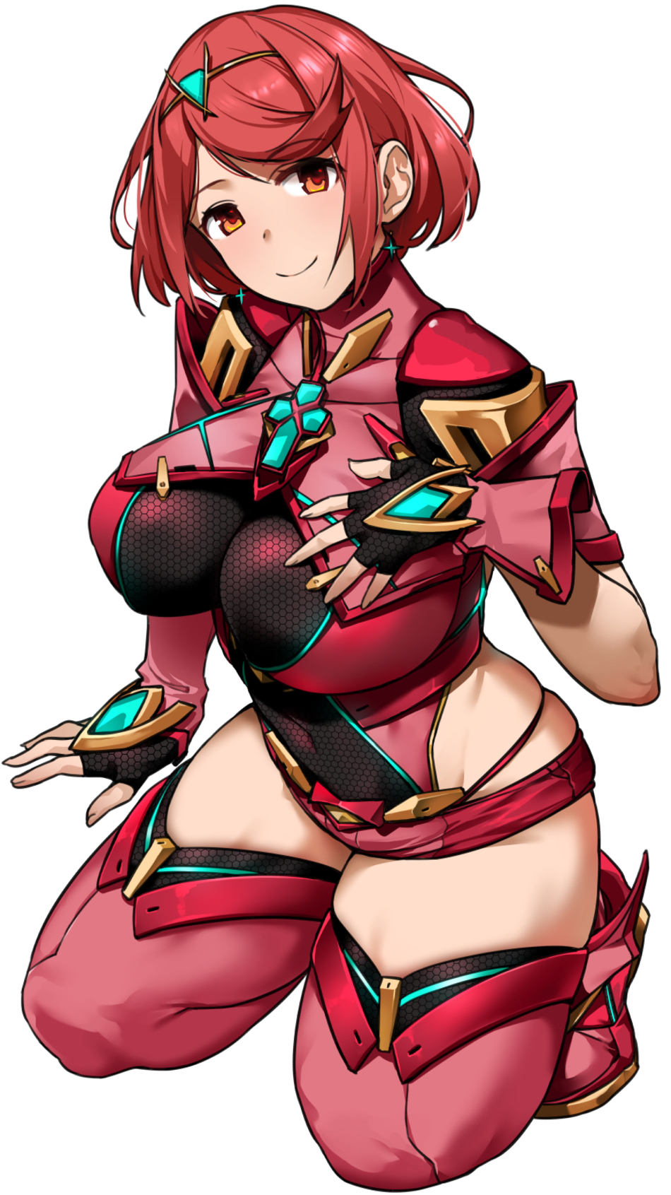 Anime 950x1691 Homura (Xenoblade 2) Xenoblade Chronicles Xenoblade Chronicles 2 redhead big boobs anime girls video game girls looking at viewer white background smiling kneeling boob pockets portrait display