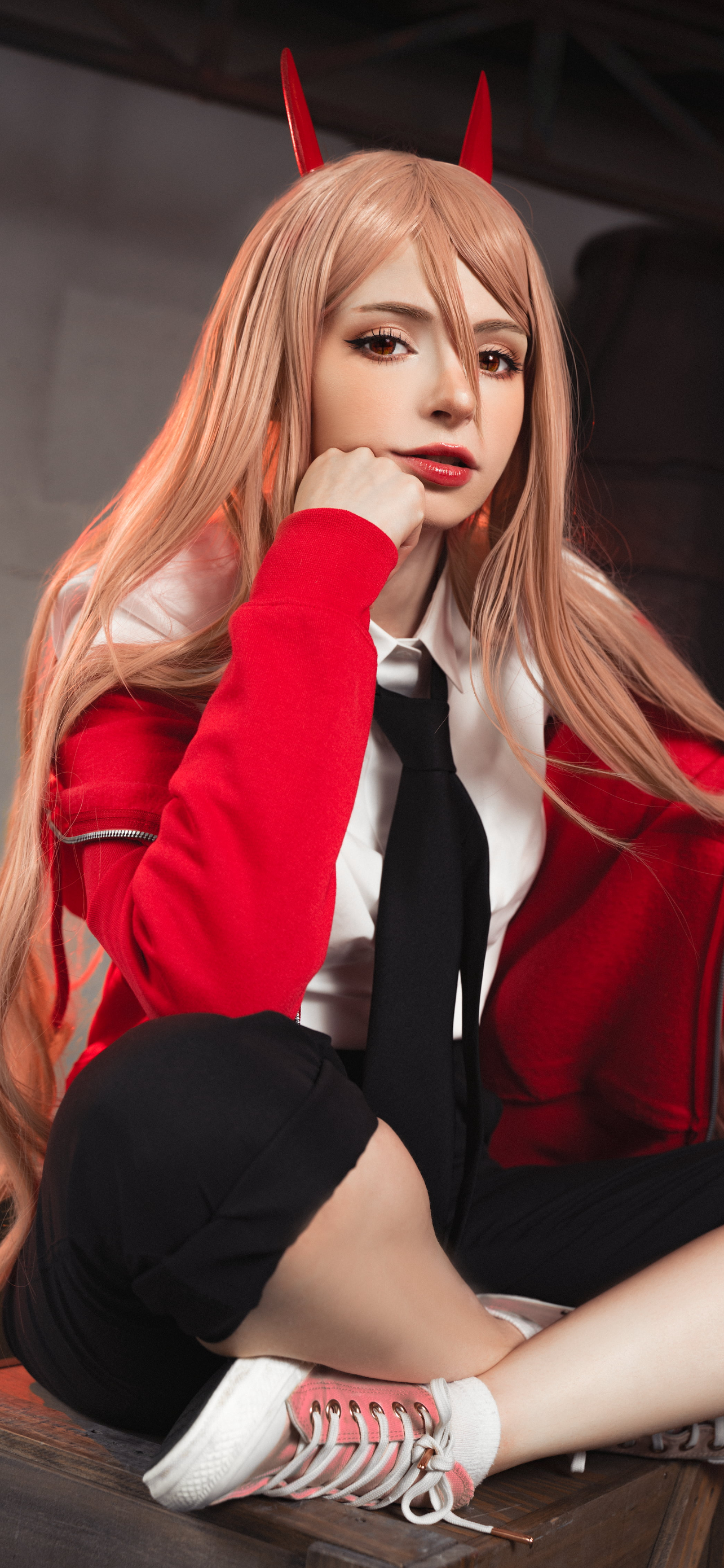 People 1284x2778 Power (Chainsaw Man) cosplay women face red lipstick tie PeachMilky