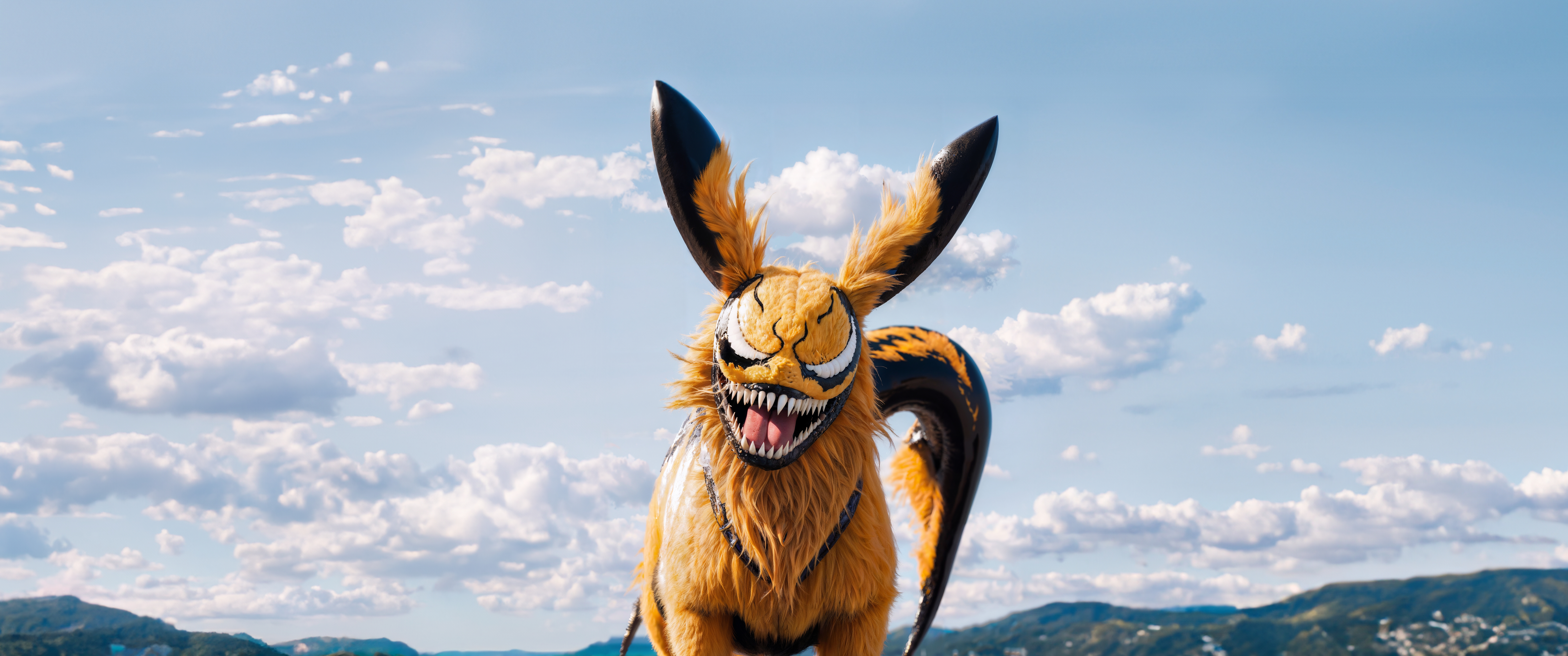 General 9375x3924 AI art creature sky clouds looking at viewer pointy teeth digital art animals mountains fur tongues tail Venom Pikachu