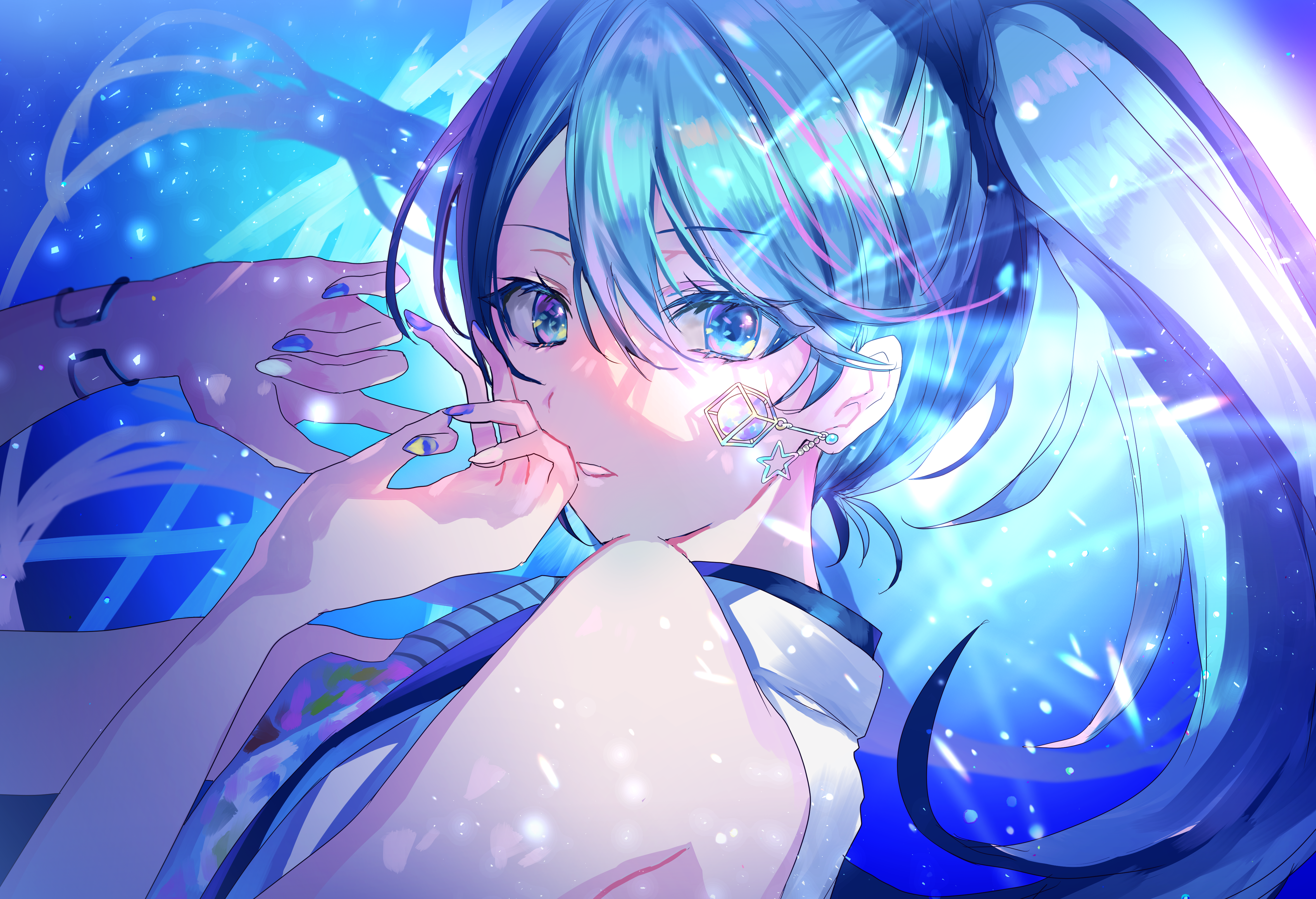Anime 4711x3219 anime anime girls Pixiv long hair Project Sekai Colorful Stage earring looking at viewer multi-colored eyes twintails blue hair painted nails
