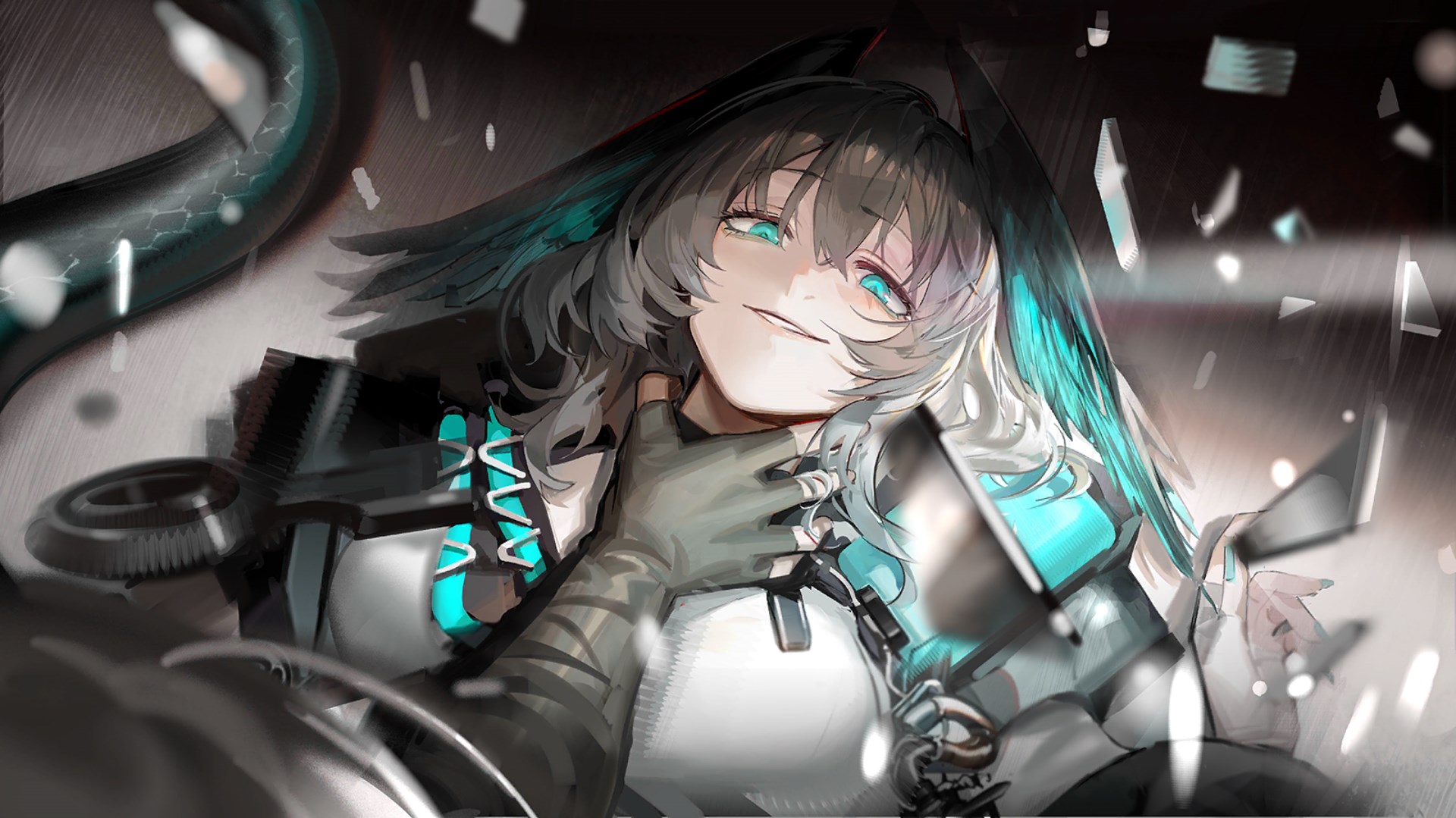 Anime 1920x1079 Arknights anime girls Ho'olheyak (Arknights) video game art screen shot video game characters smiling video games broken glass long hair gloves fingerless gloves blue nails painted nails lying down lying on back