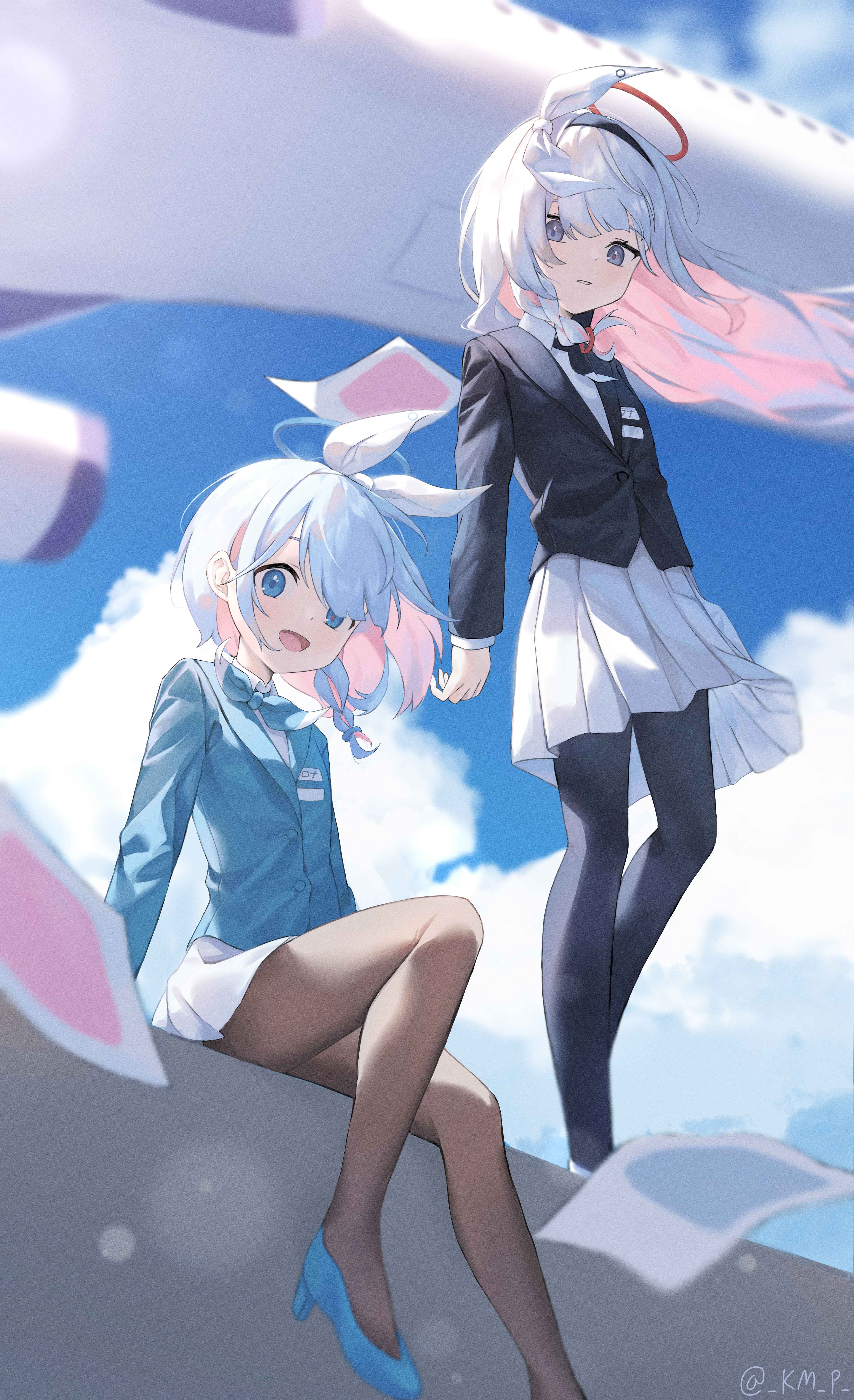 Anime 3586x5878 anime girls Blue Archive clouds Plana (Blue Archive) Arona (Blue Archive) stockings portrait display anime games fan art halo sitting skirt looking at viewer sky two tone hair smiling open mouth wind watermarked heels short hair long hair hair blowing in the wind schoolgirl school uniform