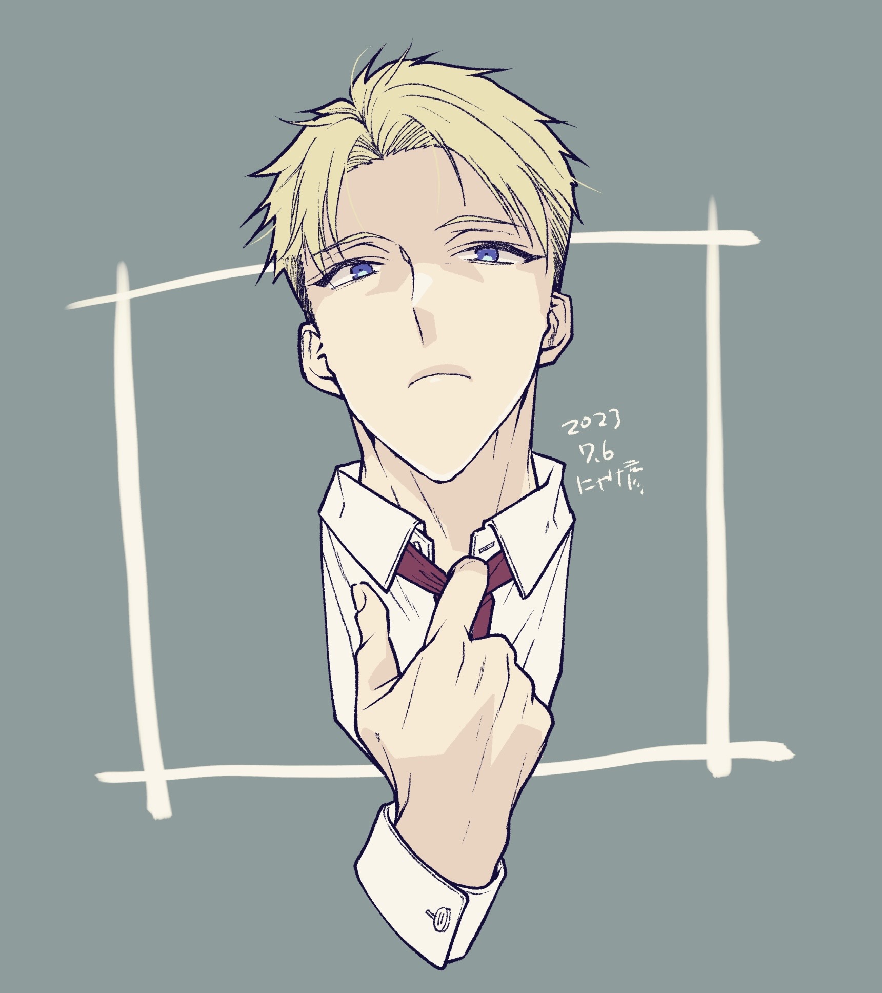 Anime 1720x1936 anime boys Spy Spy x Family Loid Forger portrait display frown simple background blonde blue eyes minimalism looking at viewer face