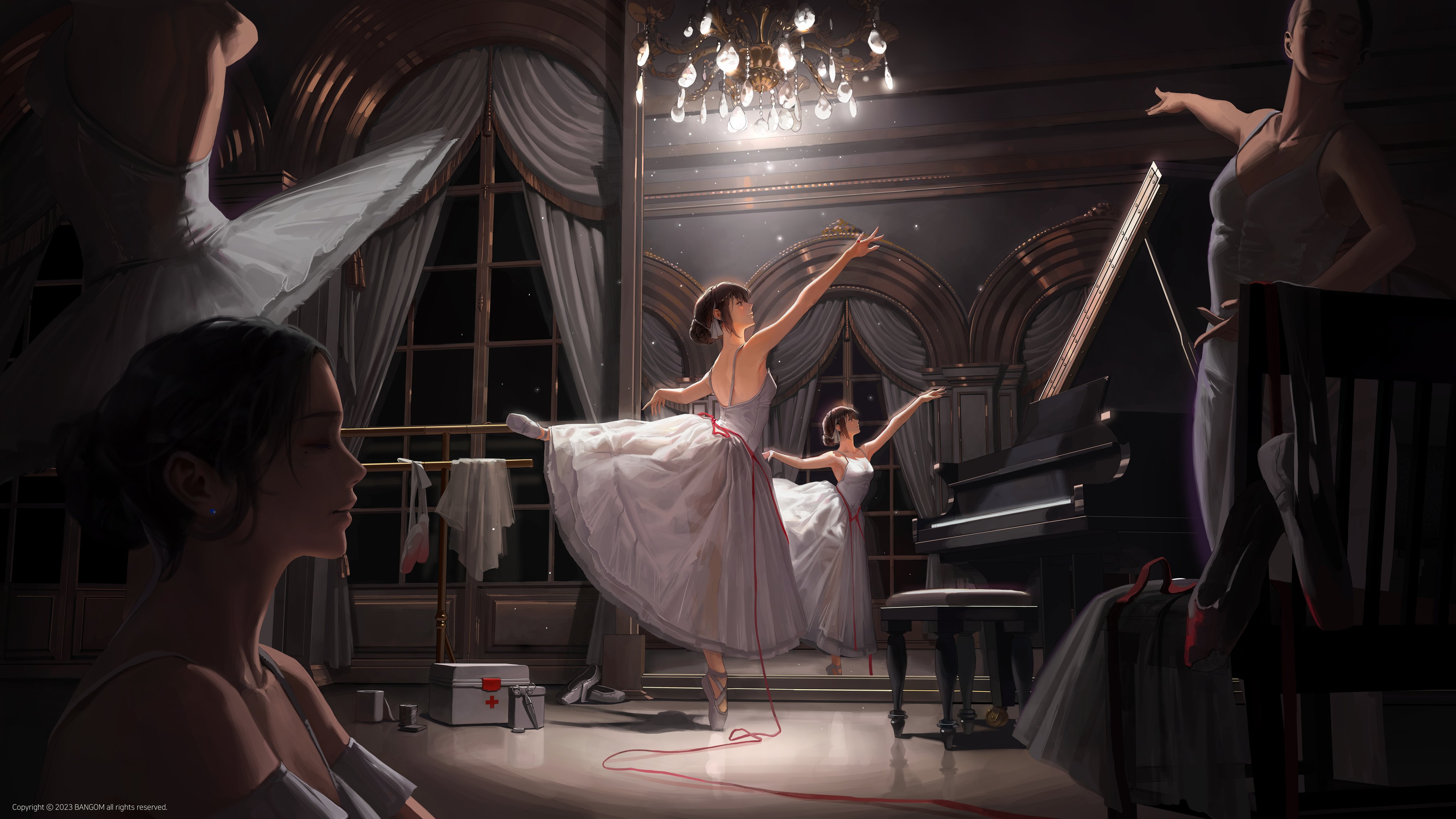 Anime 4096x2304 Bangsom ballerina anime girls sleeveless group of women ballet ballet shoes chandeliers musical instrument piano white dress watermarked standing on one leg mirror reflection women indoors profile see-through dress dress group of people tiptoe looking up window standing dark hair dancing closed eyes leg up