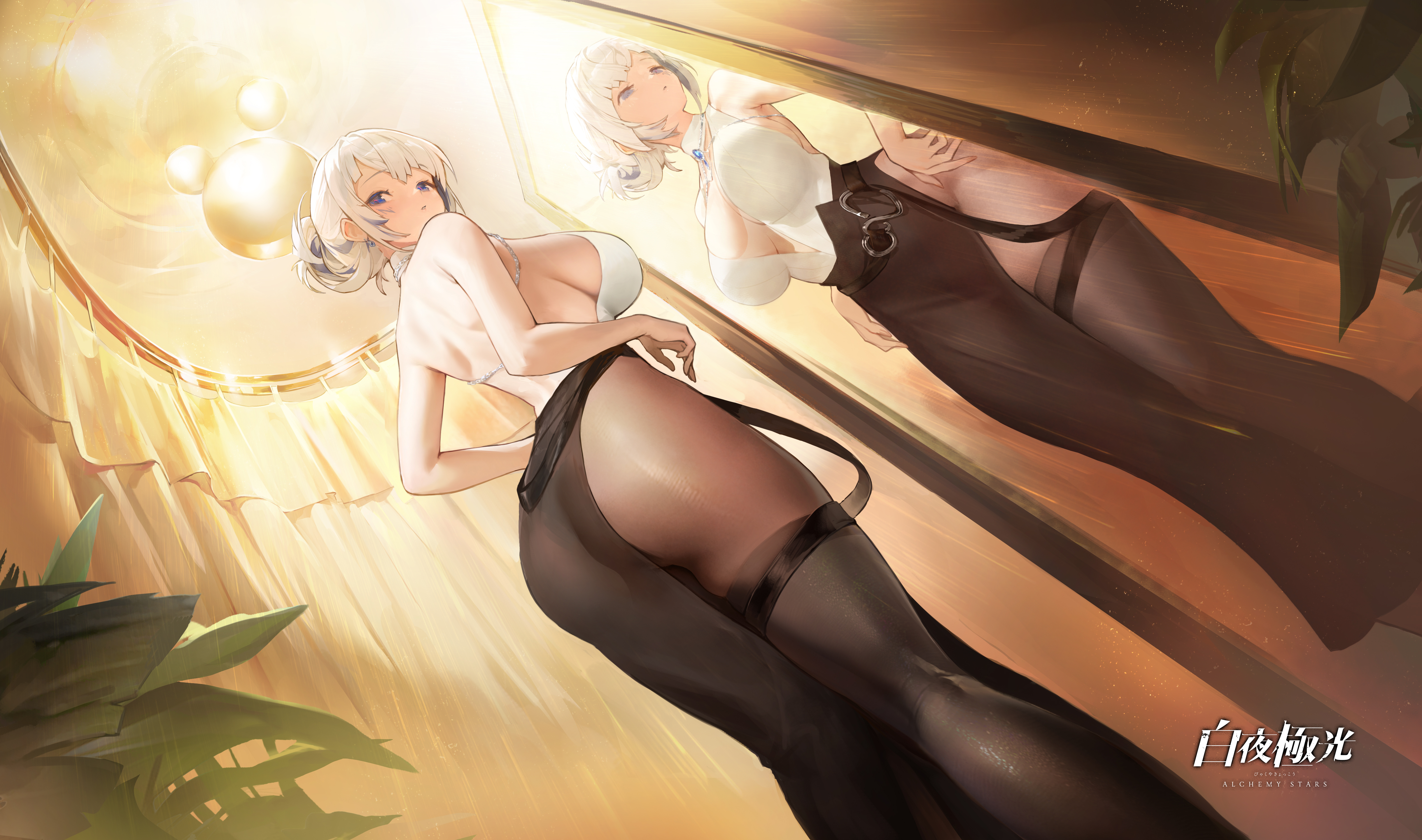 Anime 5078x3000 legs low-angle sideboob Alchemy Stars Azure (Alchemy Stars) ass mirror reflection big boobs looking back looking at viewer leaves indoors women indoors Japanese earring title anime girls curtains bareback short hair necklace blue eyes white hair looking below