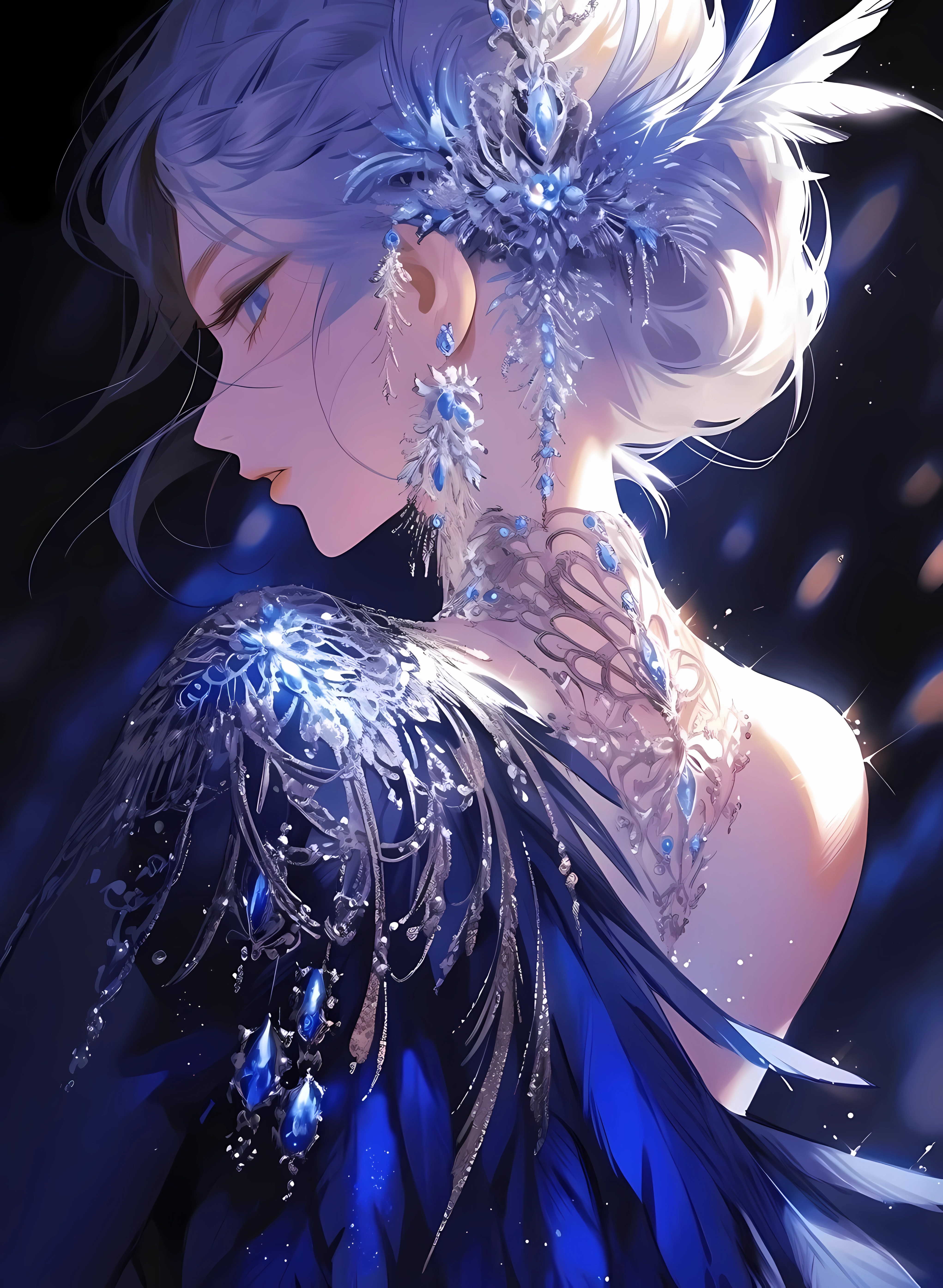 Anime 4084x5576 anime anime girls AI art portrait display looking back short hair blue hair blue eyes earring looking at viewer parted lips minimalism simple background stars