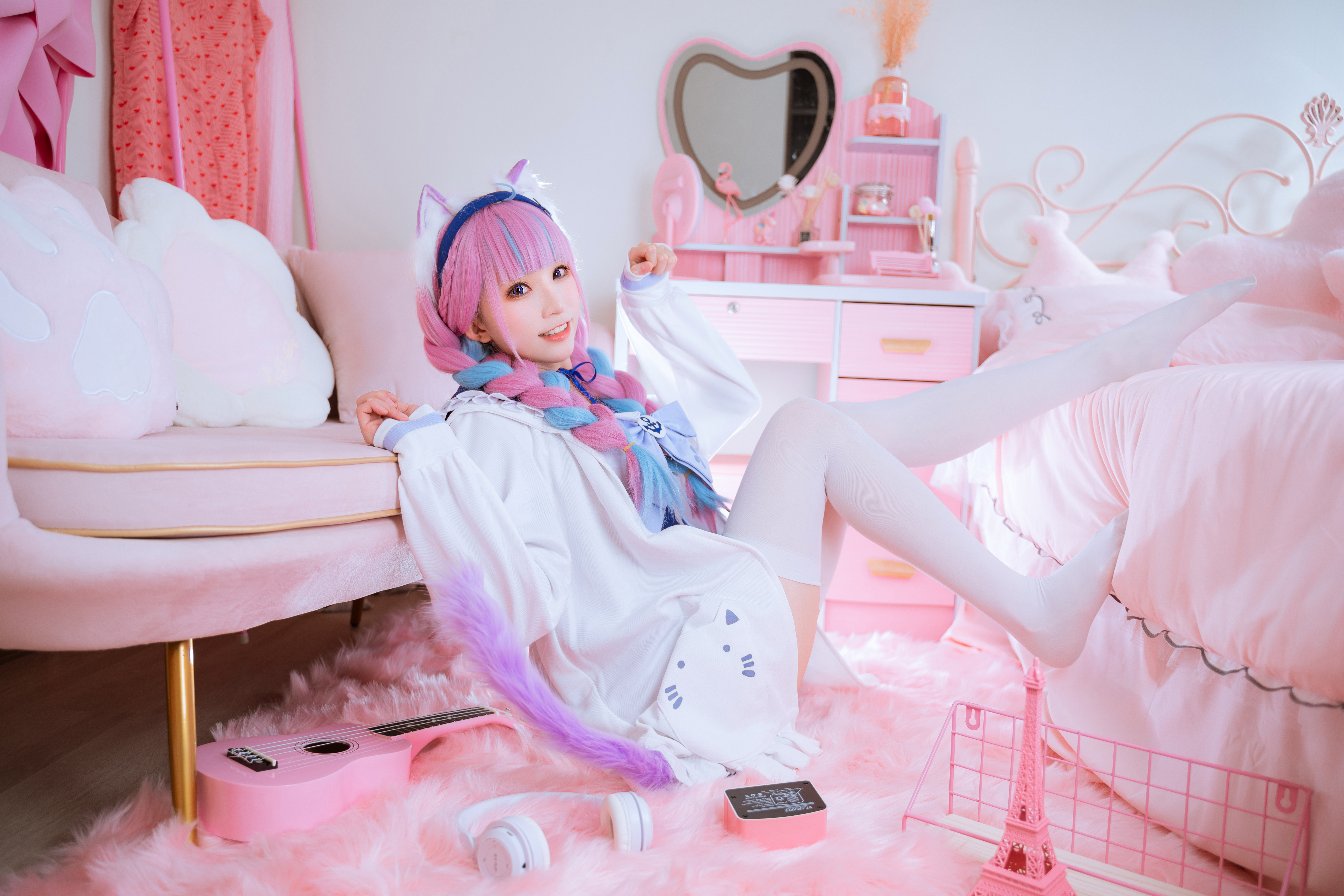 People 6500x4336 Kitaro Minato Aqua pink hair cosplay white stockings purple eyes women model