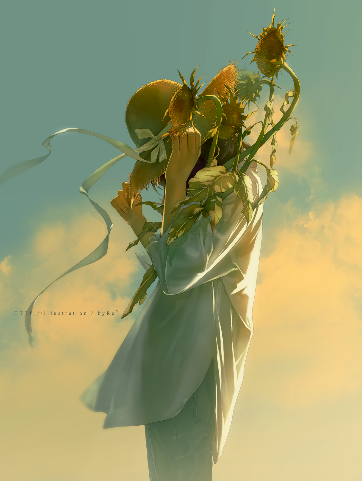 Anime 1217x1618 anime anime girls Pixiv Summer's end portrait display standing straw hat minimalism watermarked clouds simple background leaves sunflowers head tilt