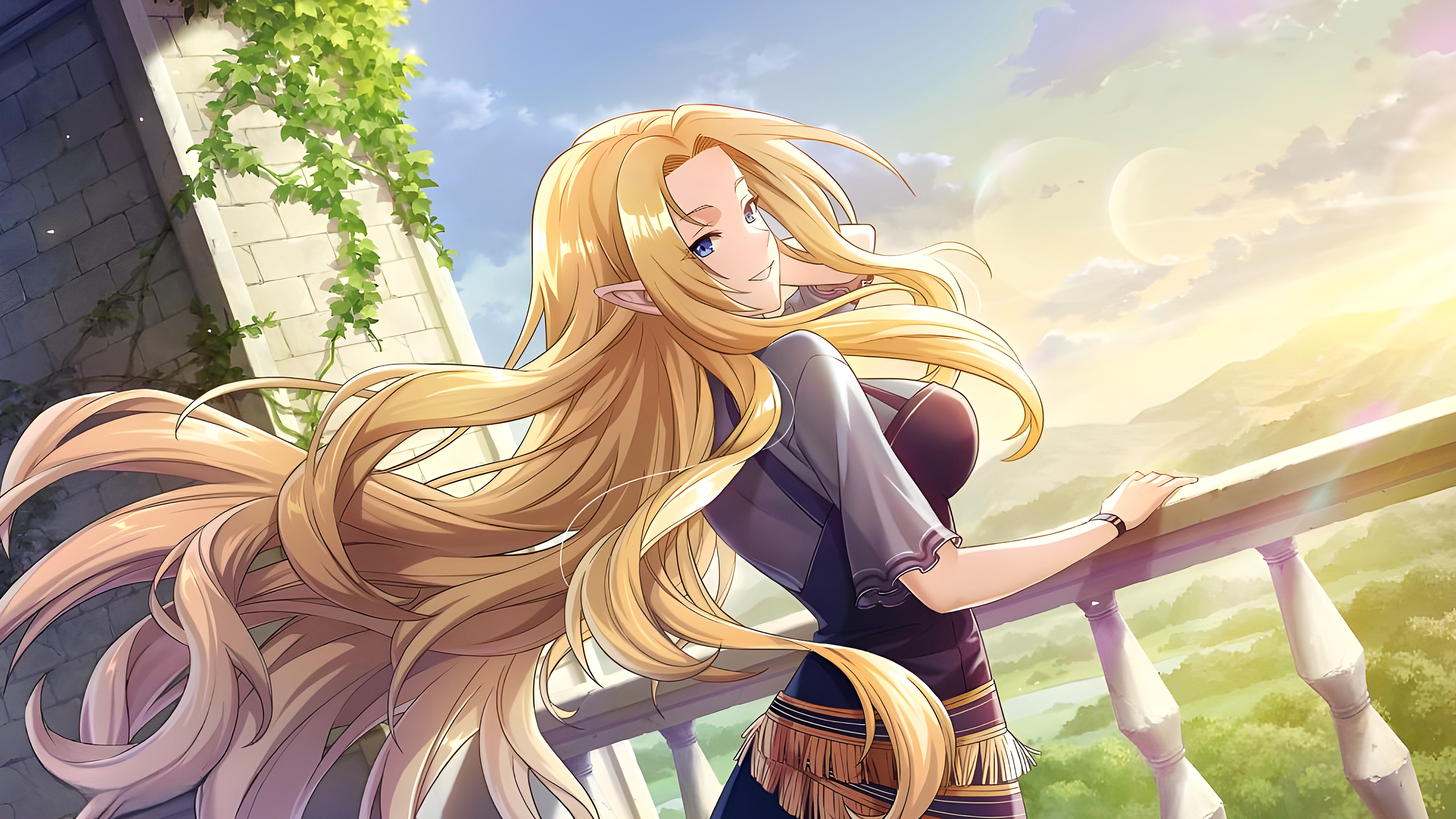 Anime 3840x2160 The Eminence in Shadow anime anime girls Alpha looking at viewer long hair pointy ears blonde sunlight sky clouds blue eyes smiling sun rays leaves mountains bracelets standing hand(s) in hair railing