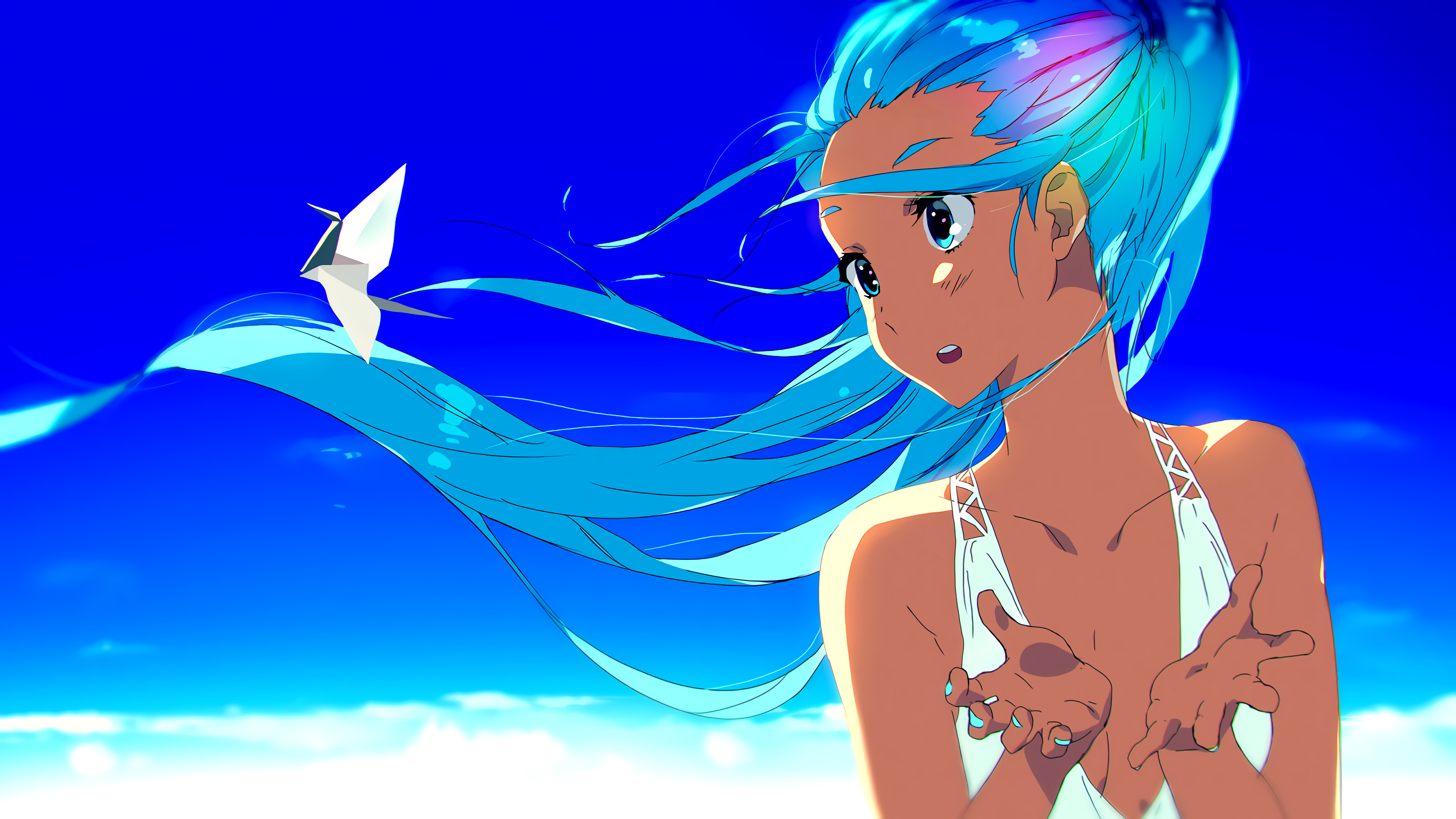 Anime 3840x2160 Tom Skender anime girls anime DeviantArt face long hair sky hair blowing in the wind wind blue hair blue eyes looking away open mouth blue nails ponytail origami
