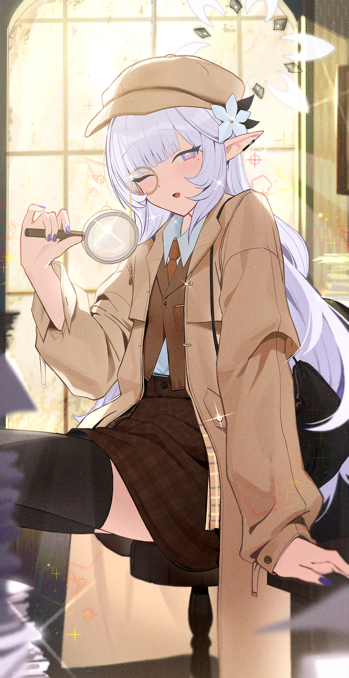Anime 1400x2719 anime anime girls Pixiv looking at viewer pointy ears sitting Blue Archive long hair Akeboshi Himari (Blue Archive) flower in hair stars magnifying glass blushing moles mole under eye portrait display stools one eye closed bag indoors women indoors