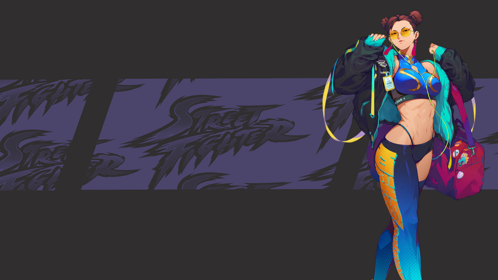 Anime 1920x1080 Street Fighter VI alternate costume boobs gloves looking at viewer big boobs bag twin buns Chun-Li bare midriff belly belly button crop top blue tops jacket black jackets glasses stretching video games hairbun Street Fighter earring video game girls women with glasses title
