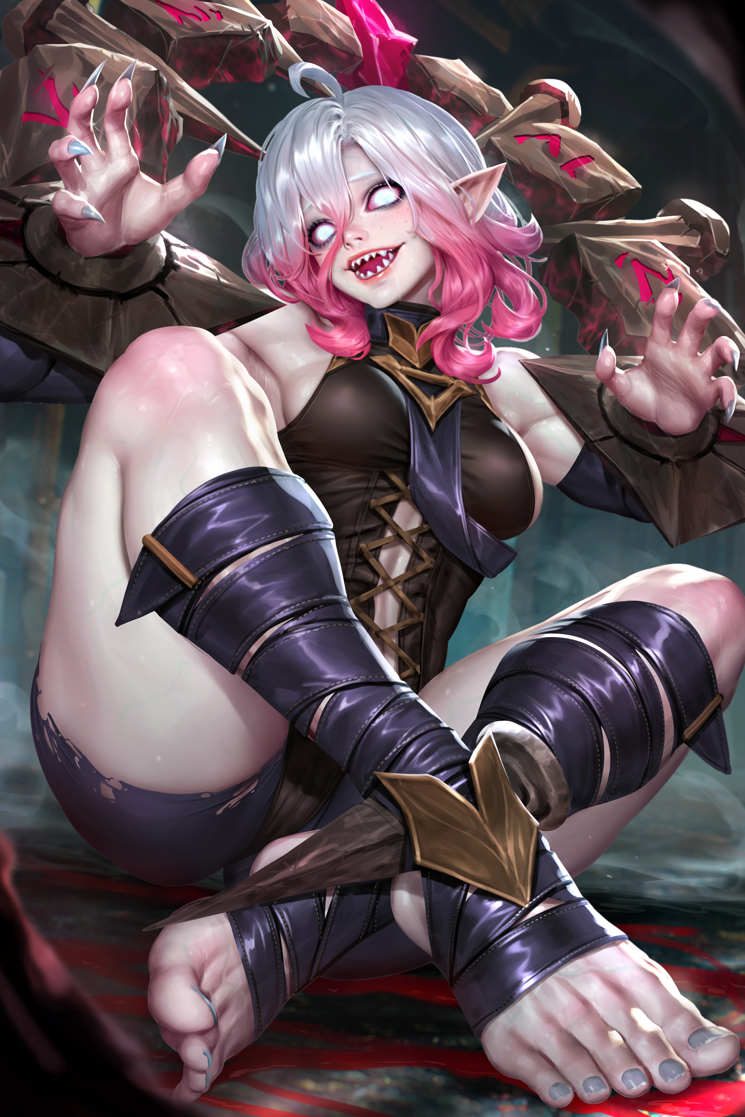 General 2400x3597 Briar (League of Legends) video game girls artwork fan art NeoArtCorE (artist) fantasy girl fantasy art video games tongue out drawing looking at viewer portrait display feet gradient hair two tone hair League of Legends sitting pointy teeth long nails pointy ears bare shoulders blushing open mouth