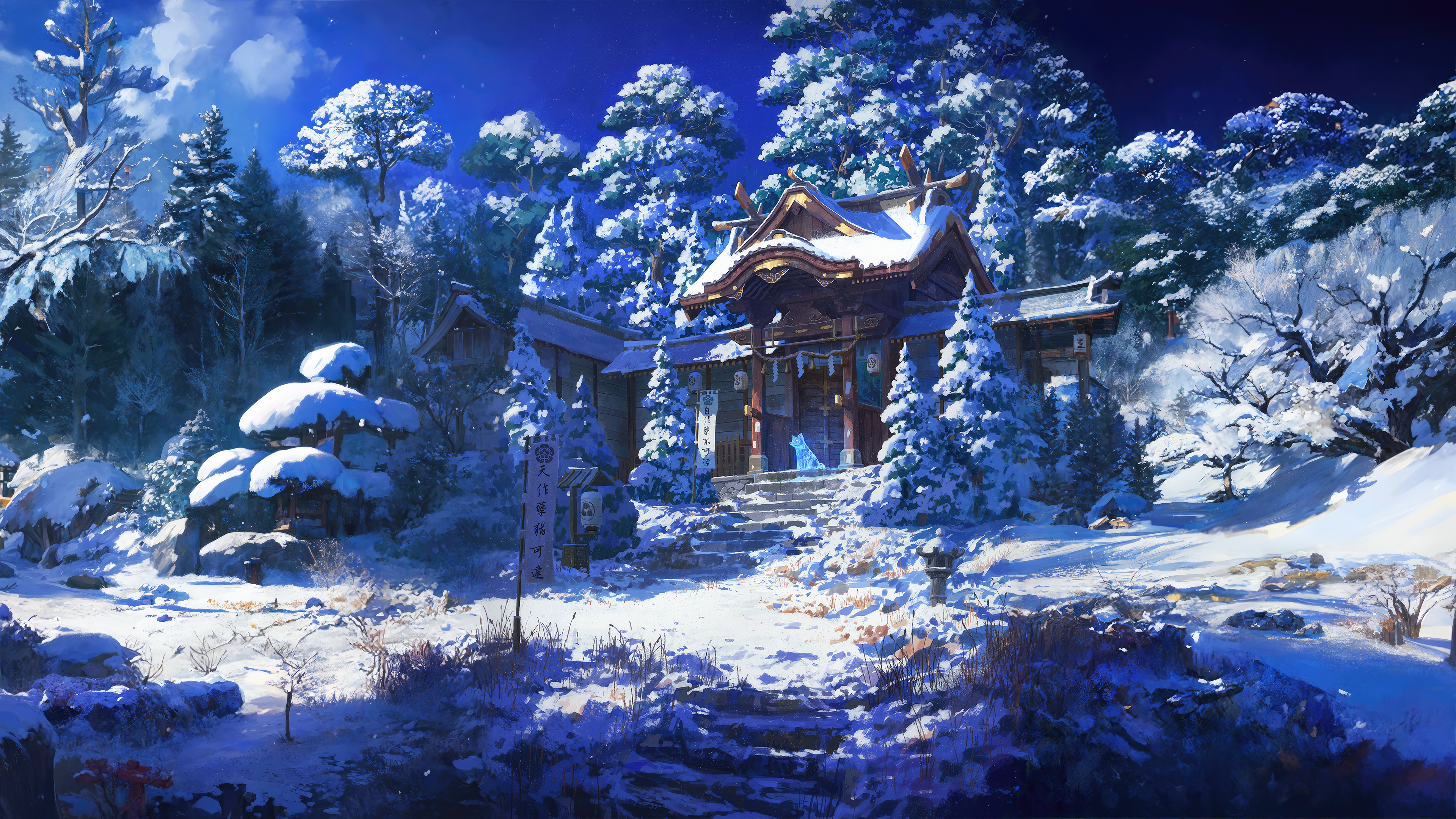 General 3840x2160 shrine winter snow trees forest clouds nature sky sunlight digital art Cyclecircle