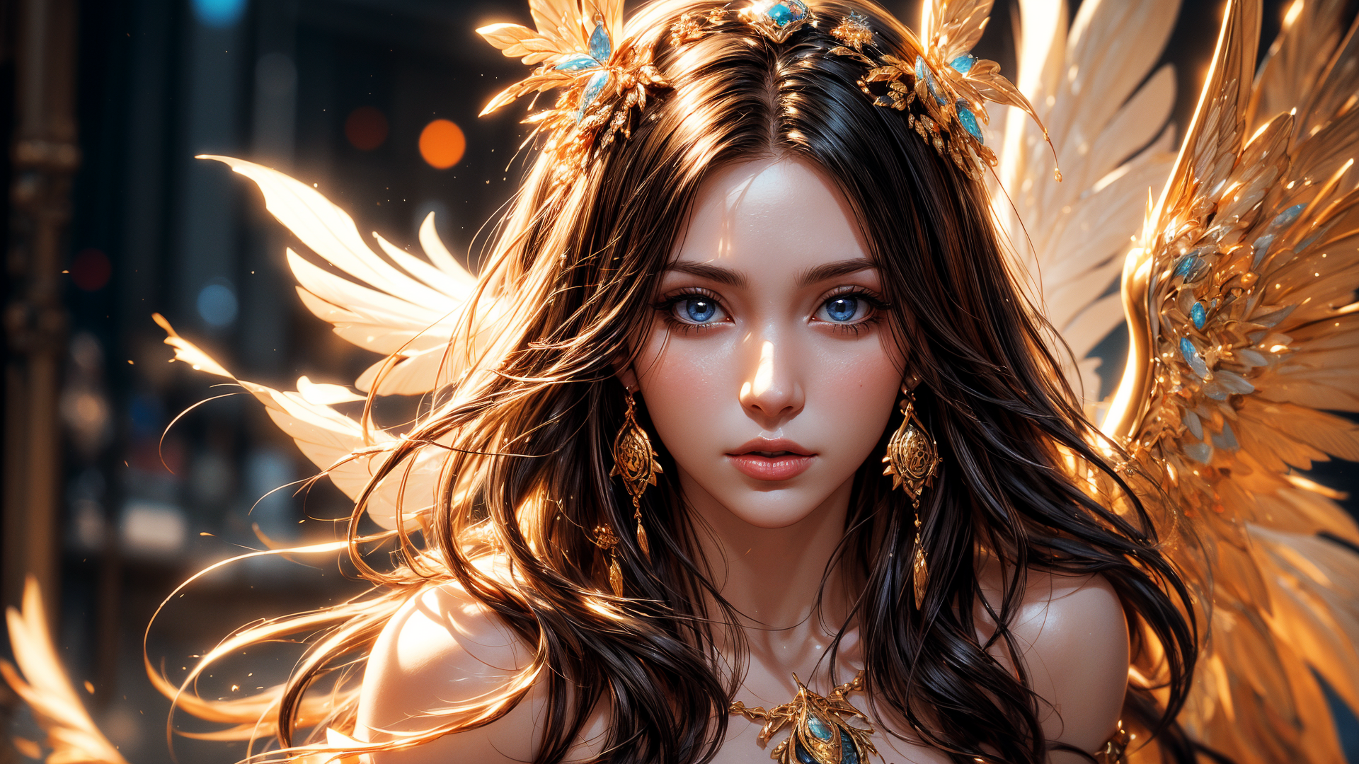 General 1920x1080 AI art wings earring blue eyes long hair looking at viewer digital art blurred blurry background parted lips brunette bare shoulders sunlight