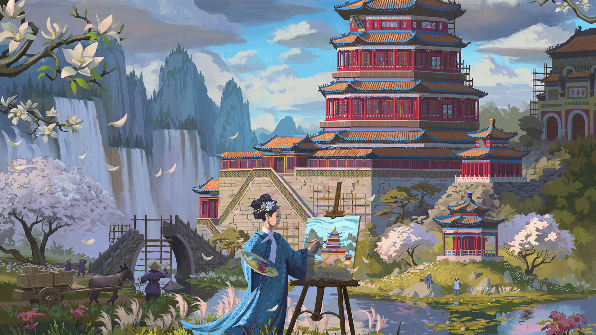 General 1920x1080 landscape digital art nature sky Asian Asian architecture water petals canvas temple grass flowers dress clouds animals waterfall branch China Chinese architecture Chinese clothing magnolia