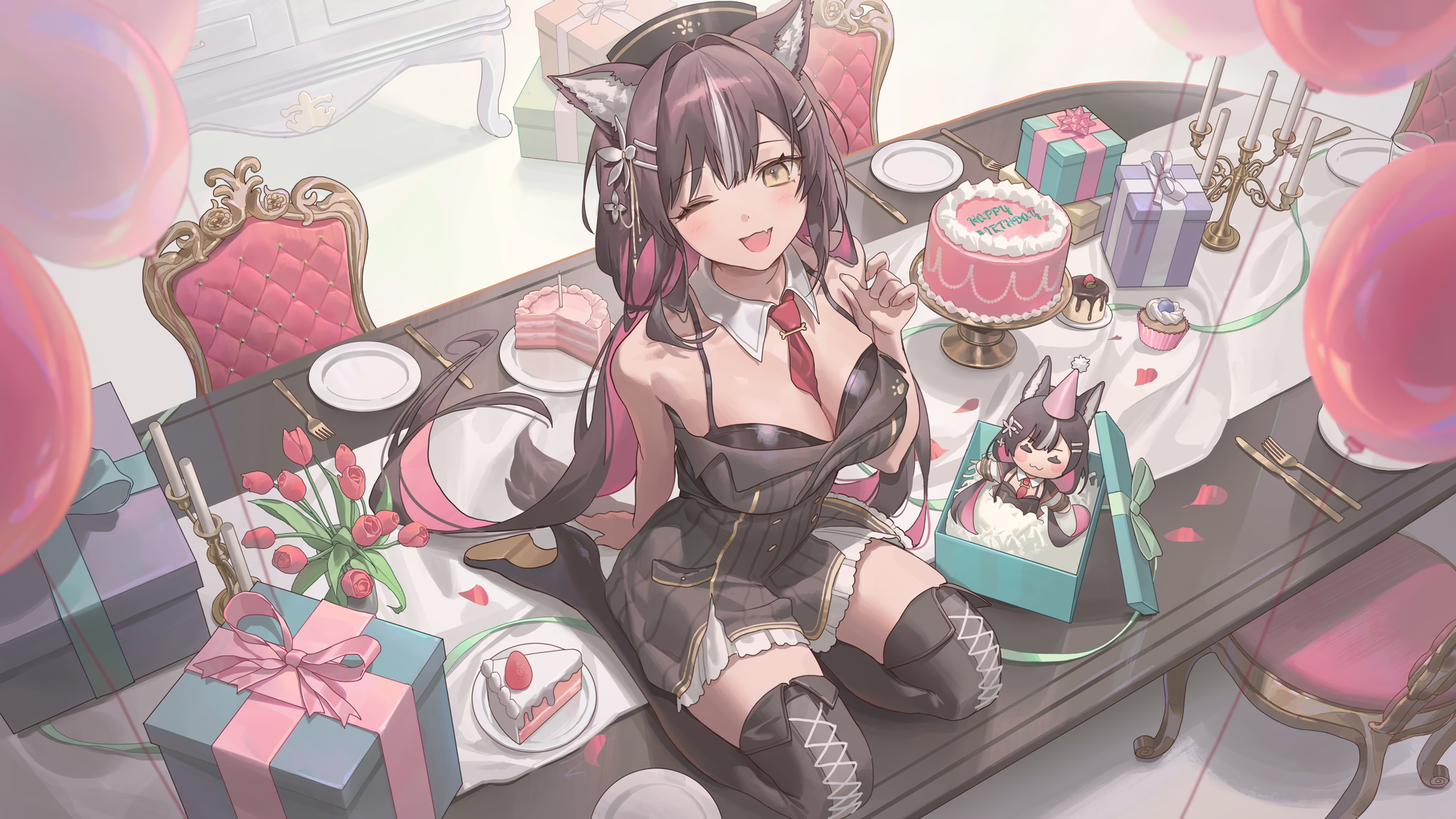 Anime 2048x1152 anime anime girls Virtual Youtuber HY (artist) looking at viewer wink long hair two tone hair thigh high boots table chair cake sweets presents cat girl cat ears cleavage big boobs bare shoulders candles fork knife plates flowers leaves balloon open mouth hat blushing frills