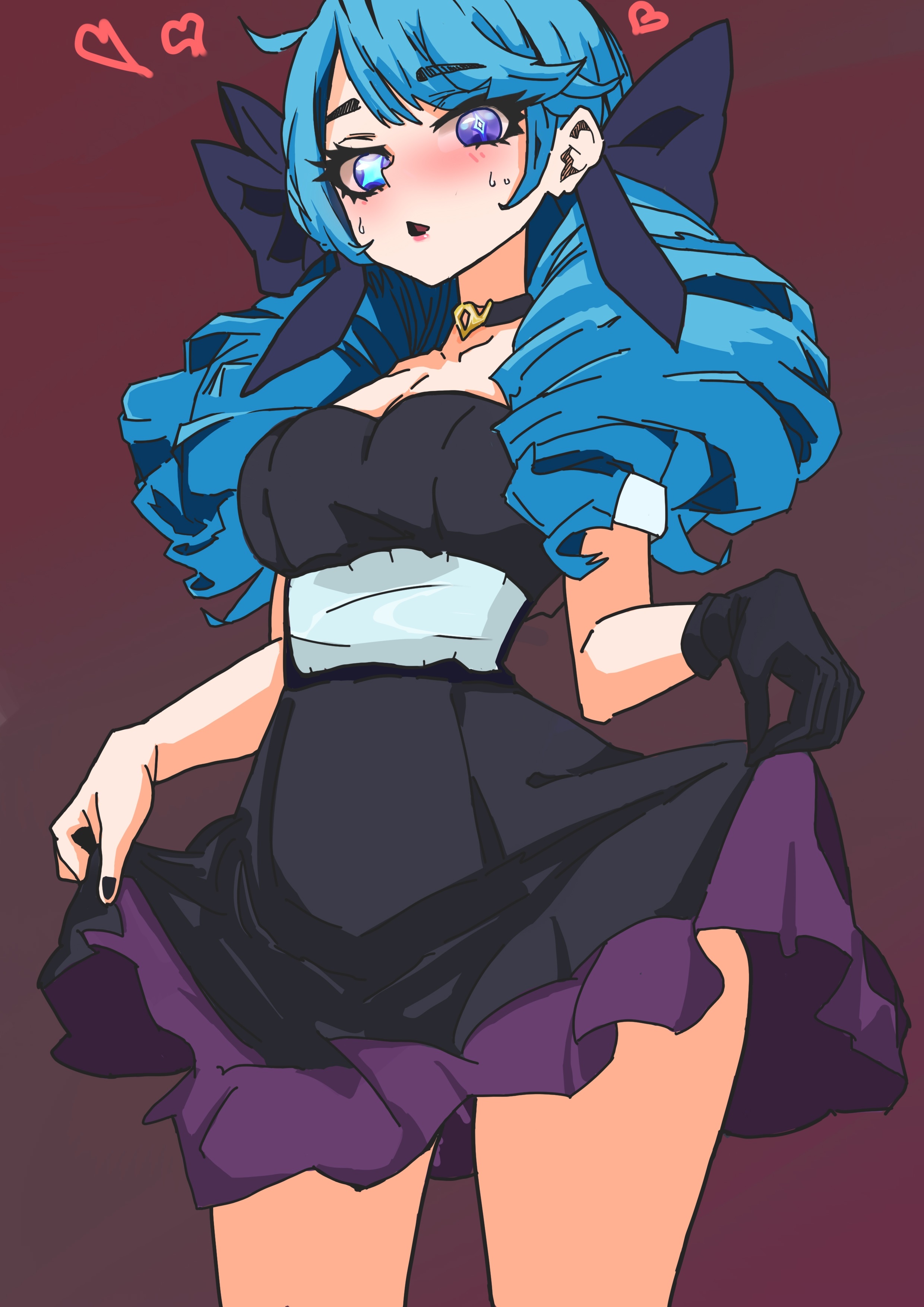 Anime 2480x3508 Gwen (League of Legends) League of Legends blue hair lifting skirt portrait display dress heterochromia gloves choker heart standing looking at viewer long hair blushing sweatdrop