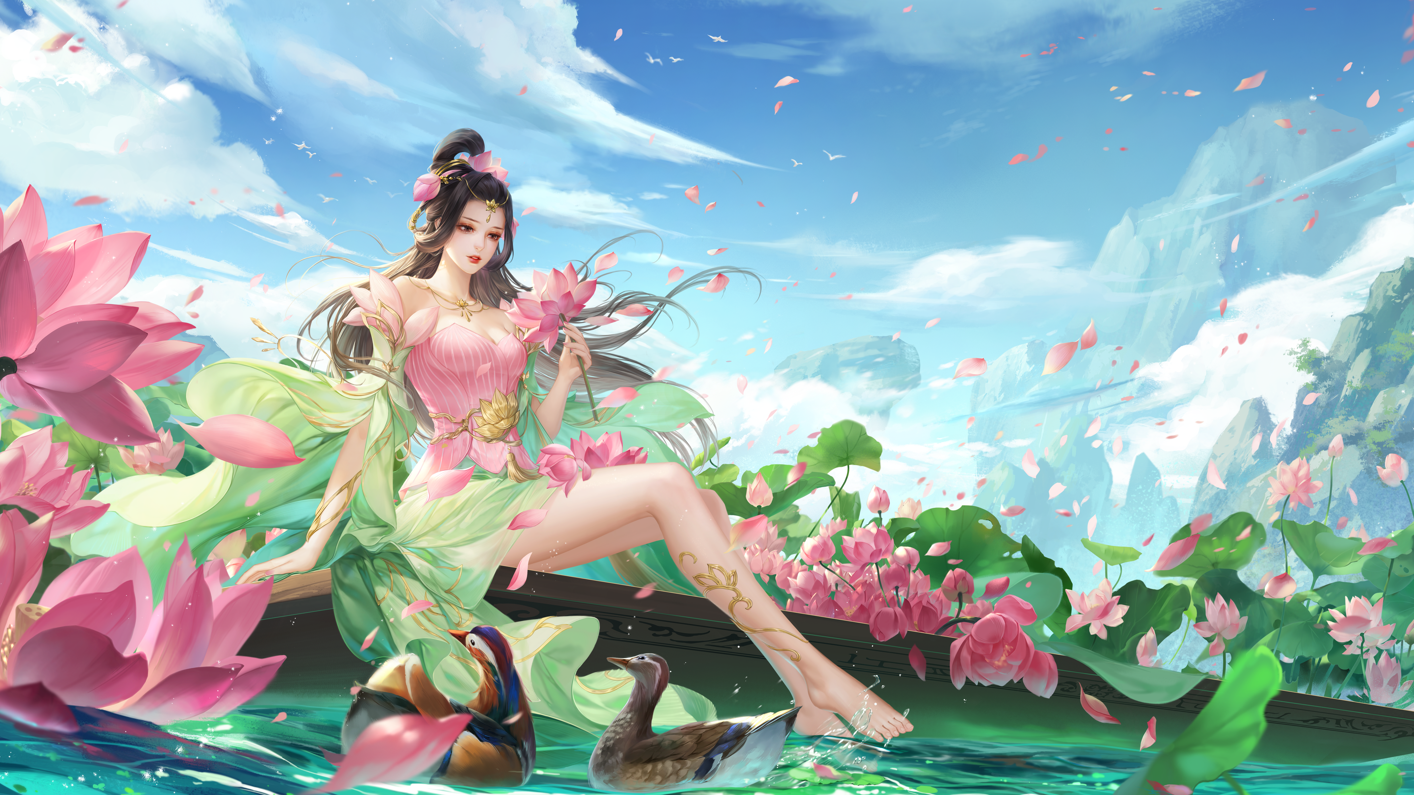 General 4927x2771 feet pink flowers barefoot video games flowers Asian women sky clouds sitting water petals mountains dress long hair parted lips leaves animals sanguosha