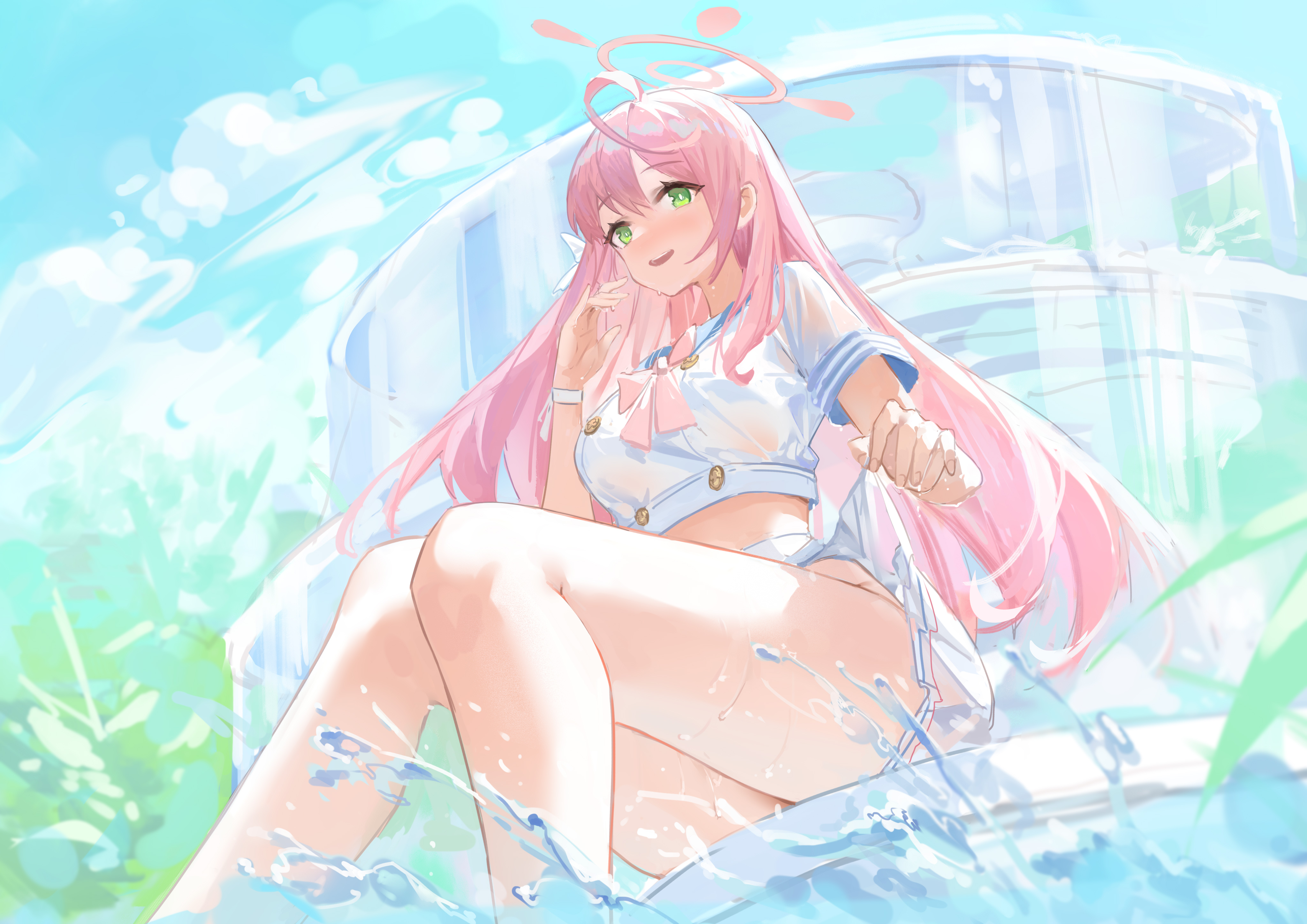 Anime 4093x2894 anime anime girls Blue Archive hair bows Hanako (Blue Archive) water long hair pink hair green eyes looking at viewer sky clouds sitting leaves smiling wet body wet