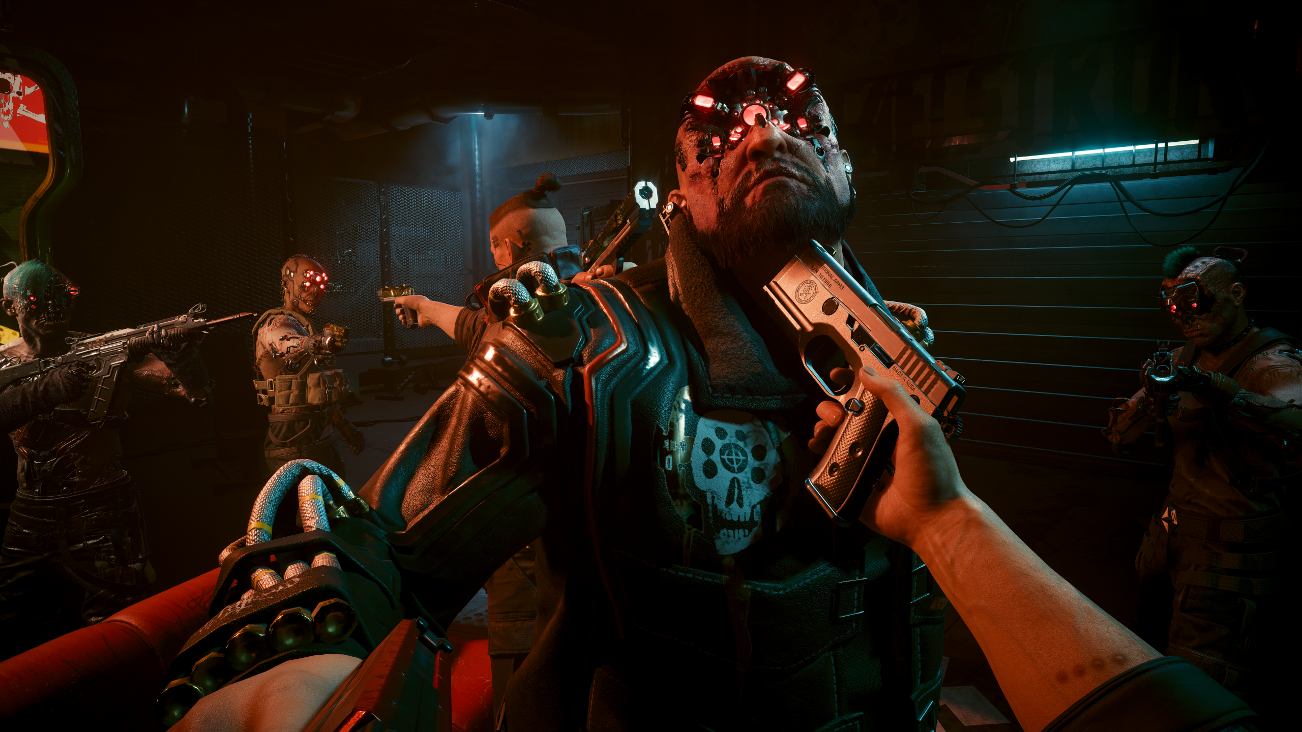 General 2560x1440 Cyberpunk 2077 Nvidia RTX video games beard video game art interior gun boys with guns video game characters CGI men aiming