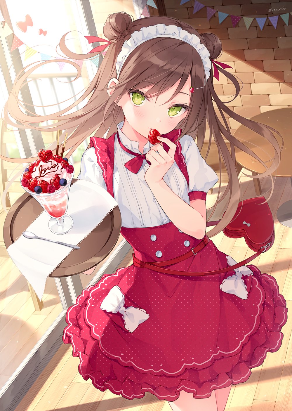 Anime 1000x1407 Rurudo anime anime girls portrait display brunette green eyes dress looking at viewer sunlight sweets tray spoon maid frills table hairbun purse heart (design) strawberries maid outfit blushing indoors women indoors fruit blueberries