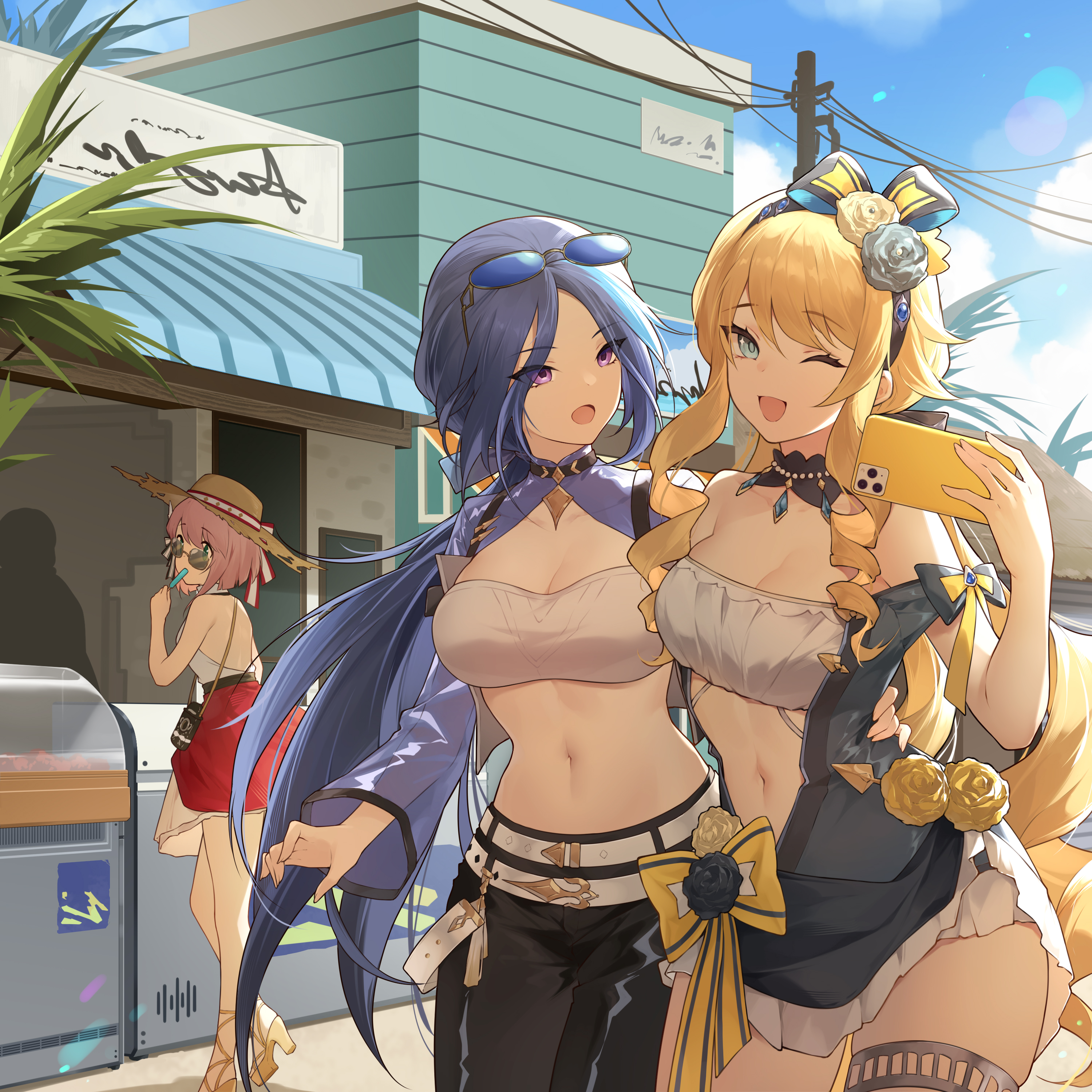 Anime 3000x3000 anime anime girls wink one eye closed outdoors women outdoors popsicle hat phone sunglasses belly button belly sunlight sky clouds standing long hair open mouth Genshin Impact Charlotte (Genshin Impact) Clorinde (Genshin Impact) Navia (Genshin Impact)