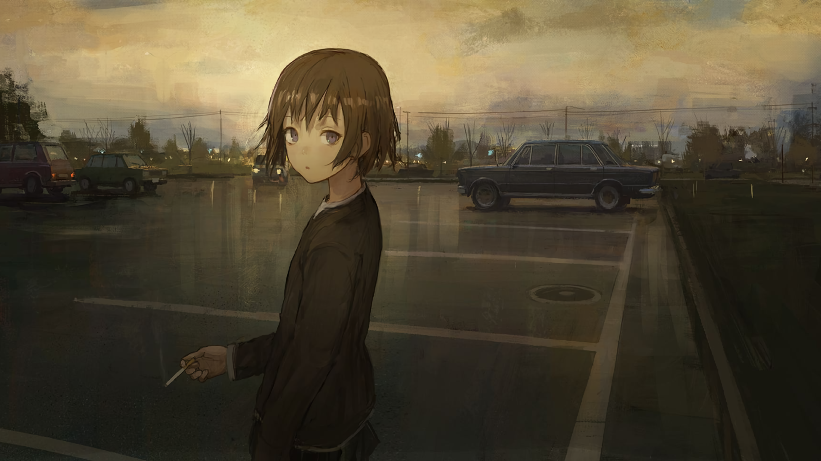 Anime 2773x1560 smoking anime girls solo short hair brunette looking at viewer car parking lot city power lines cigarettes clouds vehicle standing shion (mirudakemann)