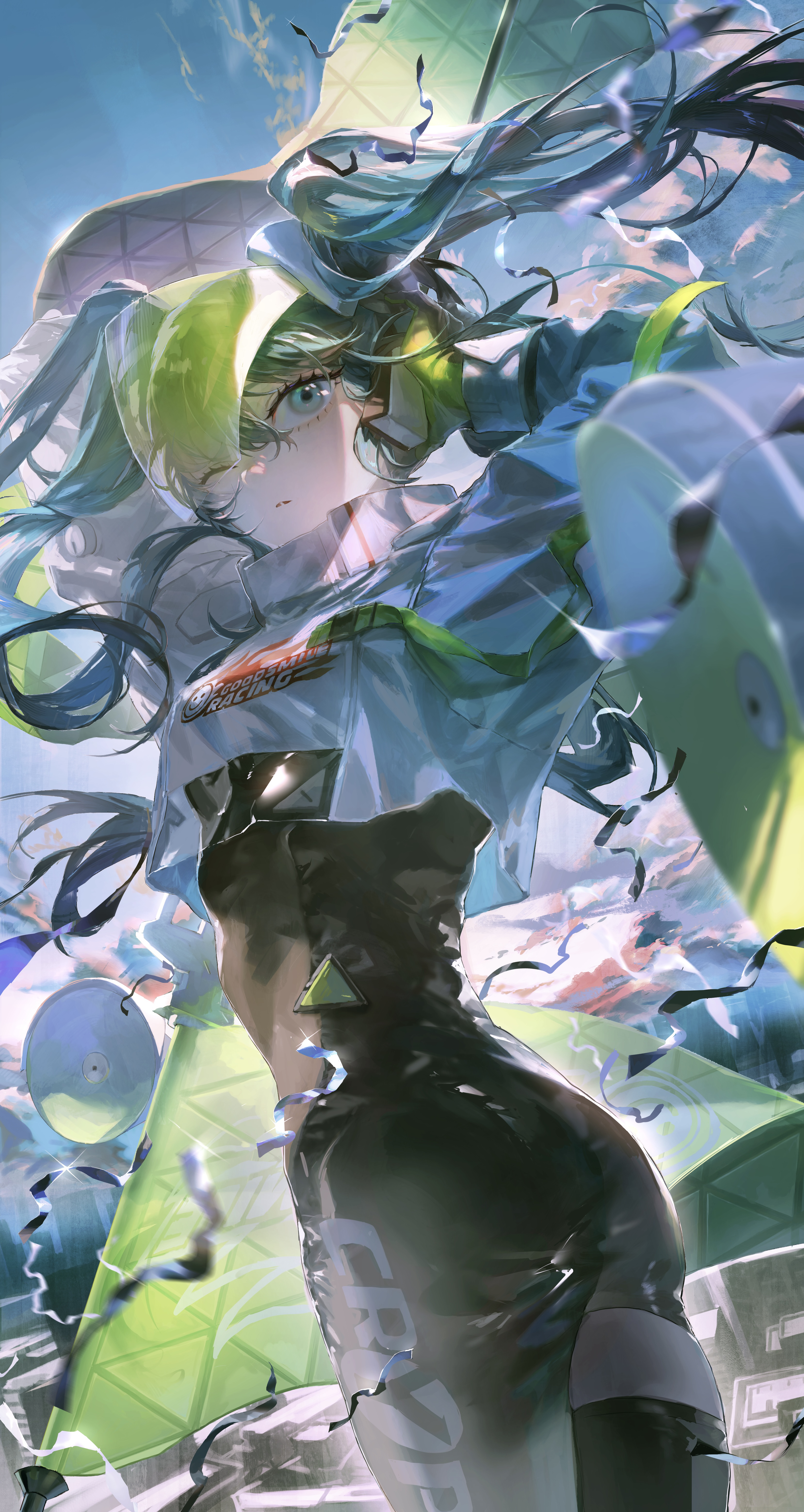 Anime 3315x6231 anime anime girls Hatsune Miku Vocaloid long hair twintails blue hair blue eyes one eye closed standing hair blowing in the wind wind looking at viewer portrait display