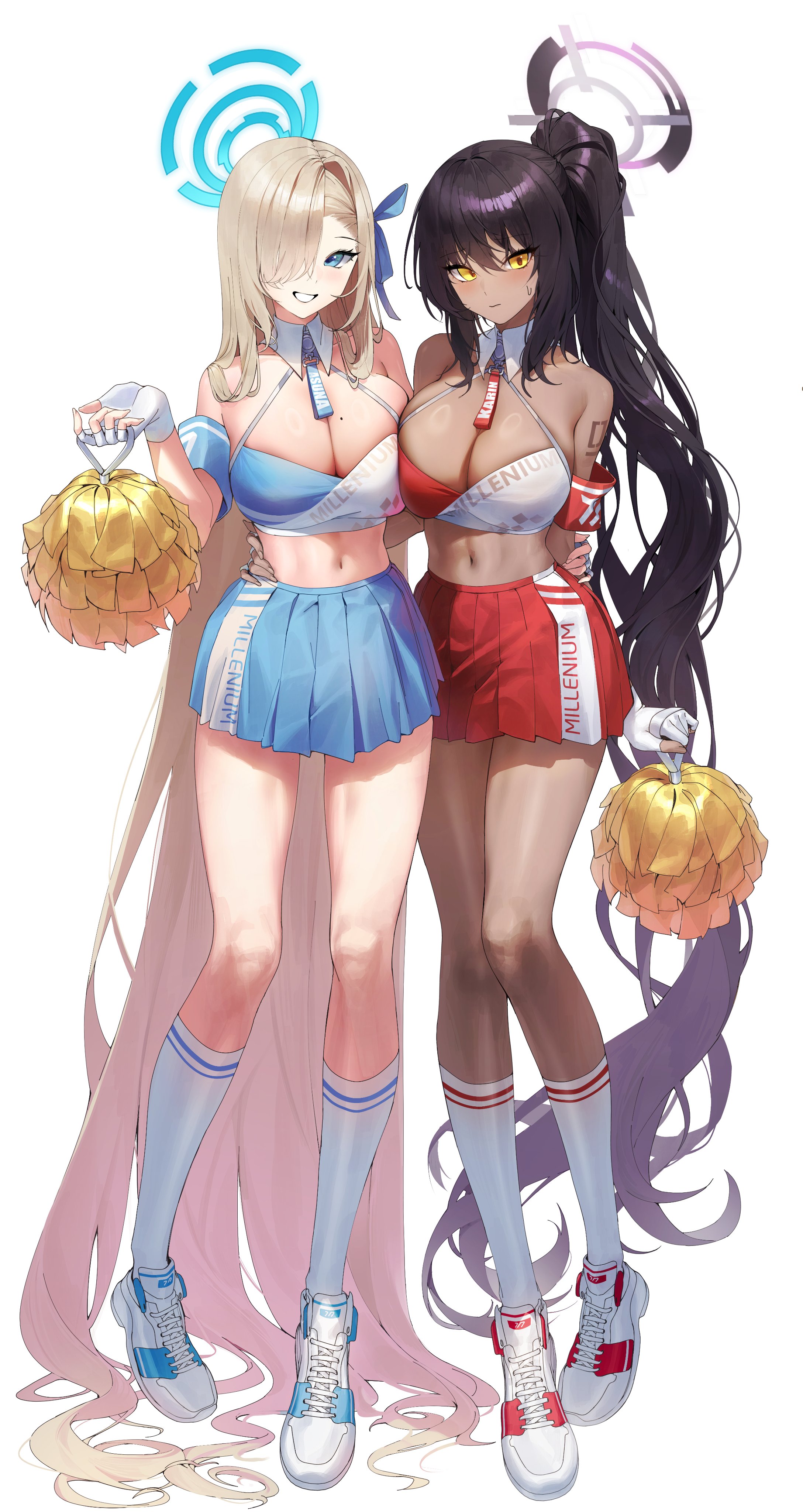 Anime 2176x4096 huge breasts Blue Archive video game girls cleavage Asuna Ichinose smiling Kakudate Karin standing mid calf socks white socks simple background socks white background ponytail legs skirt frills minimalism anime girls portrait display long hair hair over one eye moles gloves fingerless gloves mole on breast belly button pressed boobs belly shoes looking at viewer sweatdrop hands on hips blushing cheerleaders