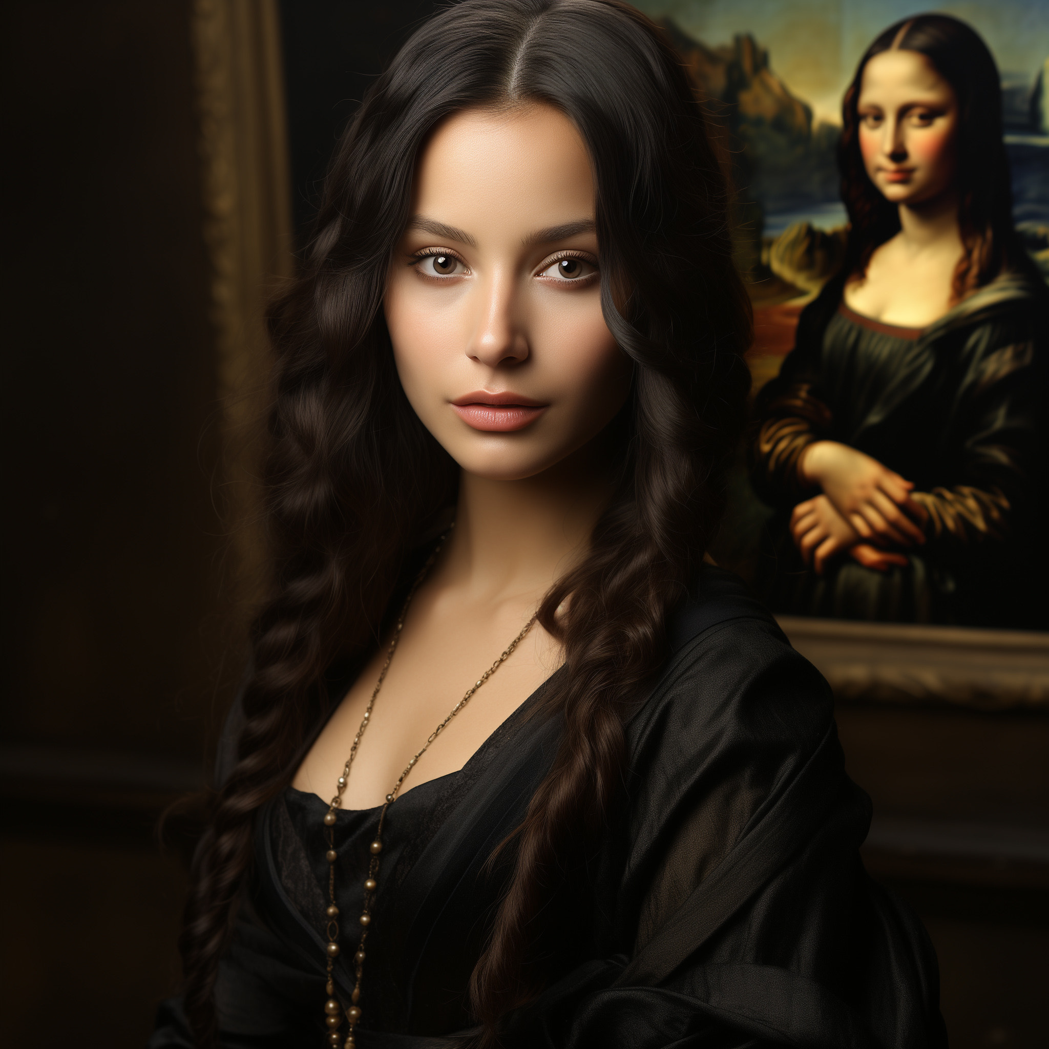 General 2048x2048 Manfred Digruber women AI art long hair curly hair portrait necklace Mona Lisa digital art painting parted lips brown eyes picture frames dark hair
