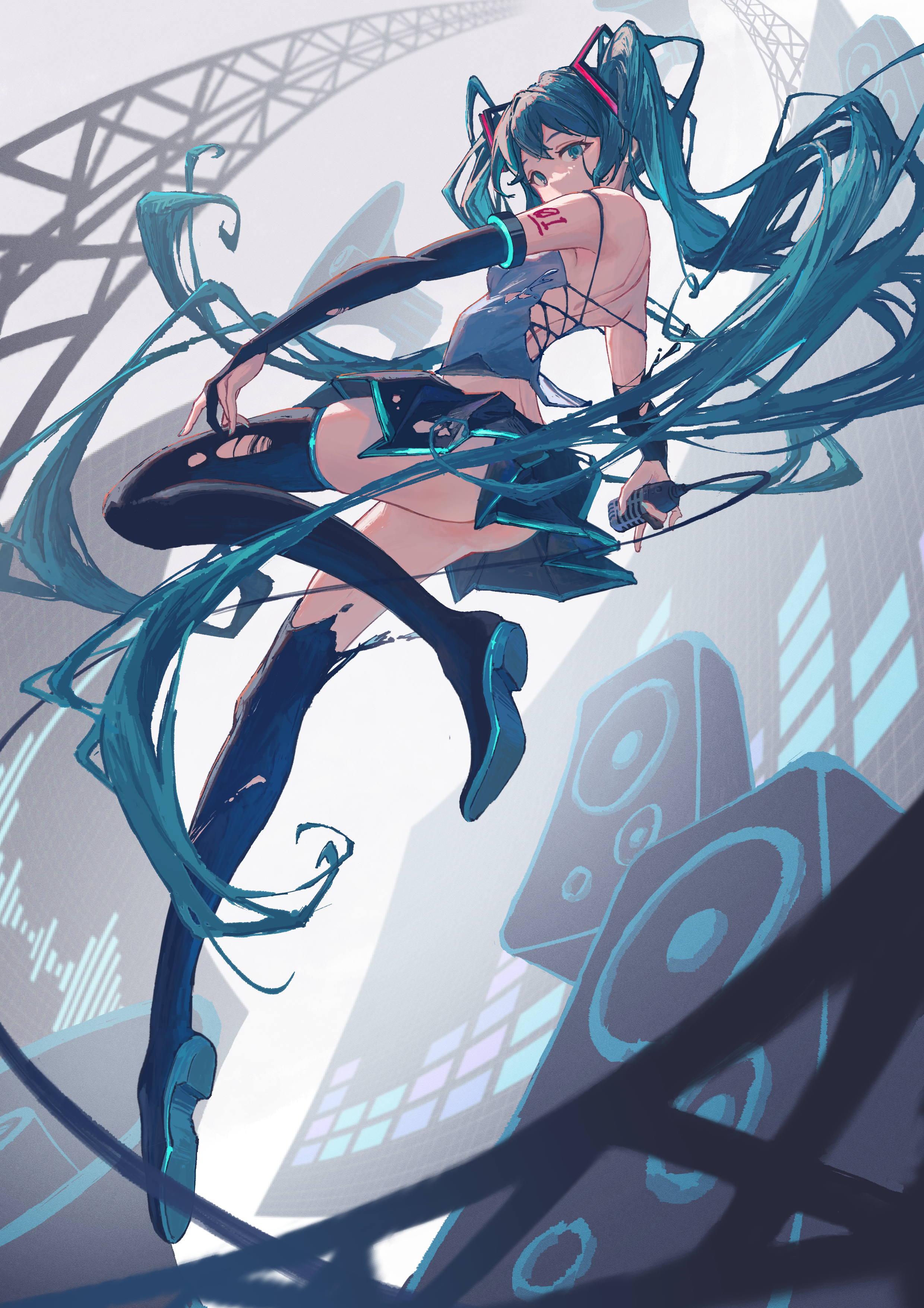 Anime 2480x3508 anime anime girls Pixiv looking at viewer Hatsune Miku Vocaloid long hair twintails blue hair blue eyes torn clothes stockings skimpy clothes skirt portrait display ass stereos megaphones quantum panties