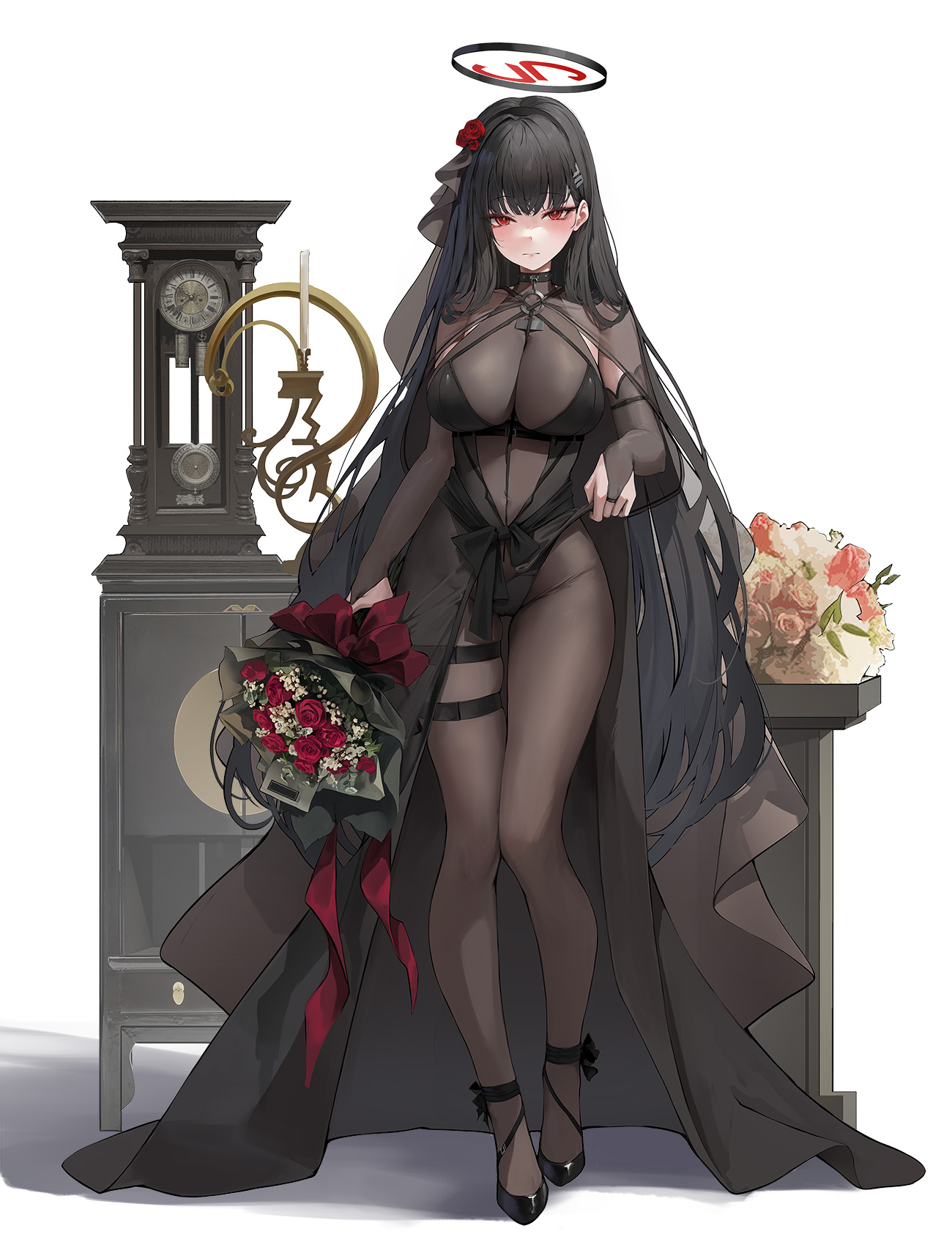 Anime 1300x1715 Blue Archive black clothing portrait display red eyes Tsukatsuki Rio long hair black hair bodystocking black dress black heels looking at viewer heels thigh strap high heels black bodysuit bouquets simple background clocks white background flowers huge breasts bridal veil the gap hair ornament flower in hair candles detached sleeves rose Hiki Niito closed mouth alternate costume dress expressionless blushing standing anime girls