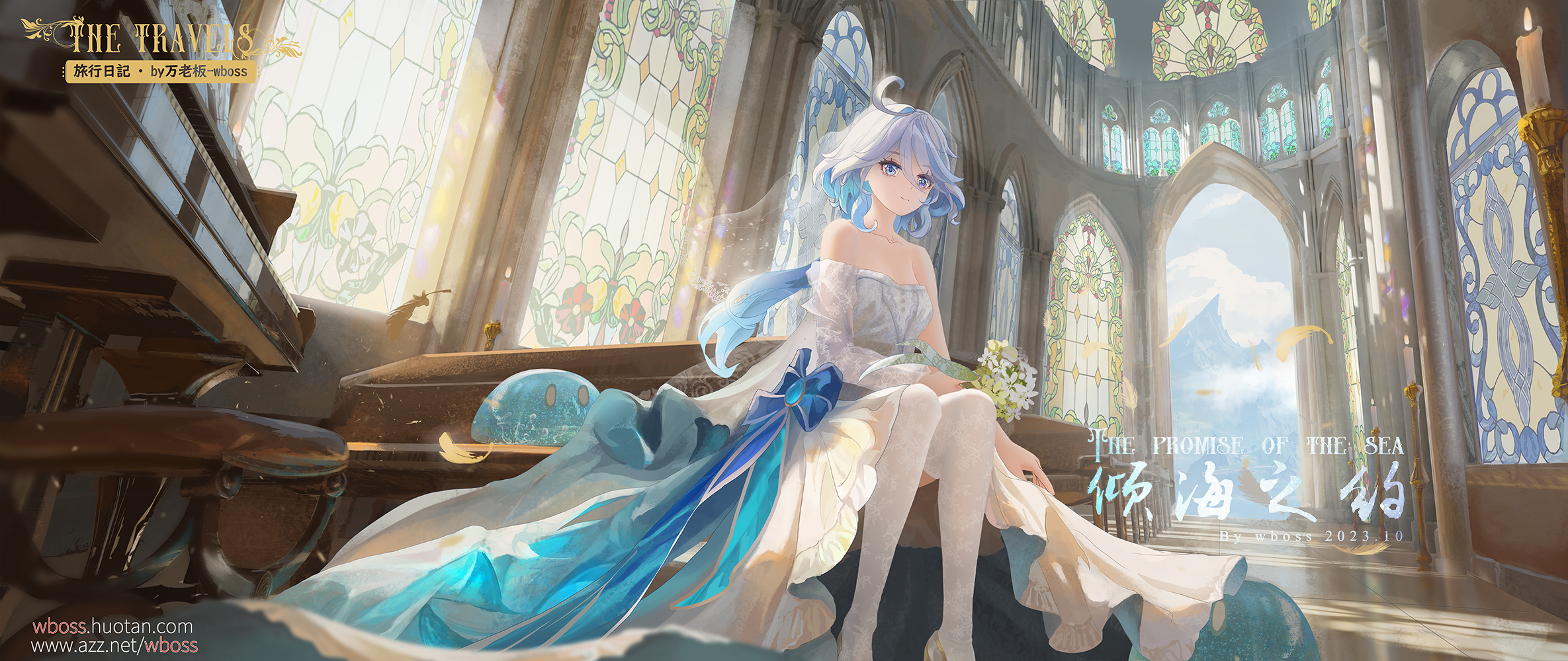 Anime 2370x1000 Furina (Genshin Impact) anime anime girls Genshin Impact long hair church stained glass looking at viewer sitting watermarked dress flowers closed mouth smiling heterochromia two tone hair sunlight musical instrument chair piano candles frills slime creature blue hair blue eyes