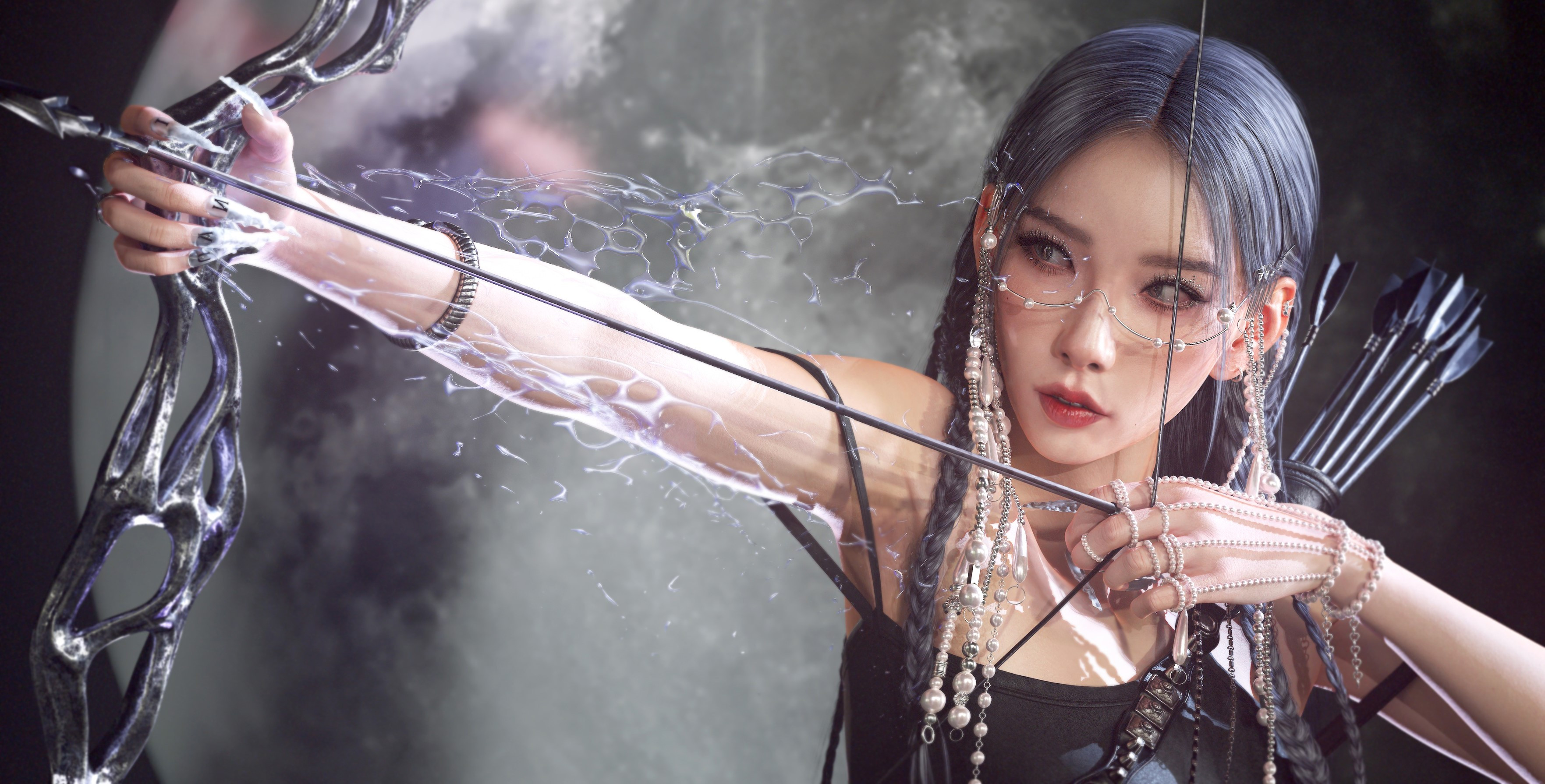 General 3526x1790 CGI women braids glasses jewelry Kim Taeyeon Moon Asian bow and arrow aiming looking away digital art parted lips simple background face Lee GunHo